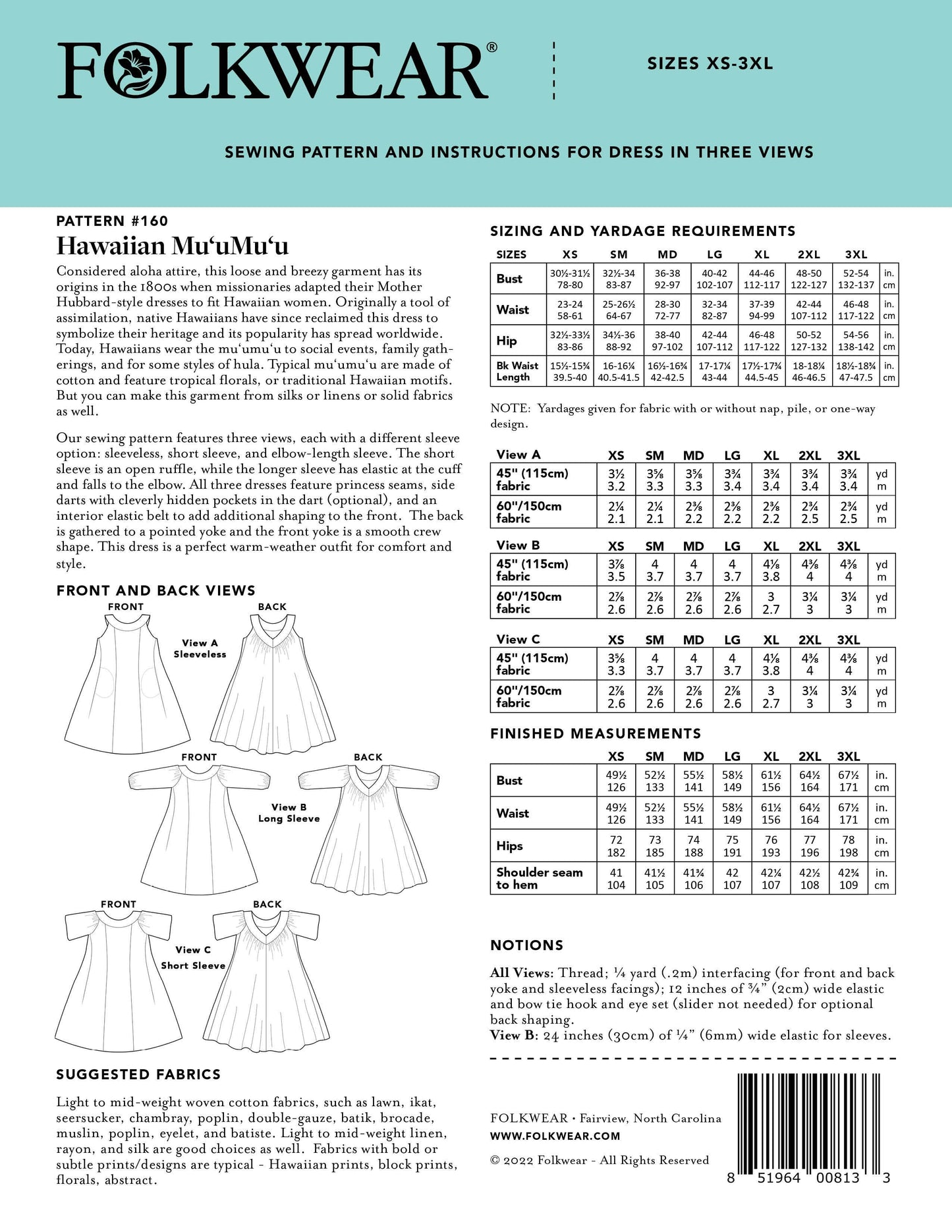 160 Hawaiian Mu'umu'u Sewing Pattern