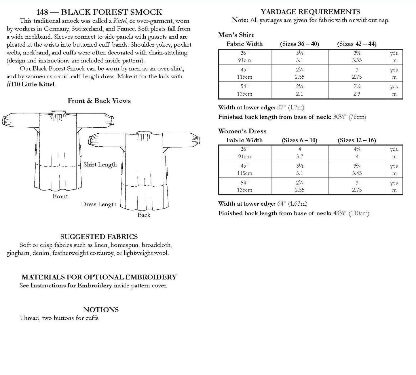148 Black Forest Smock Sewing Pattern