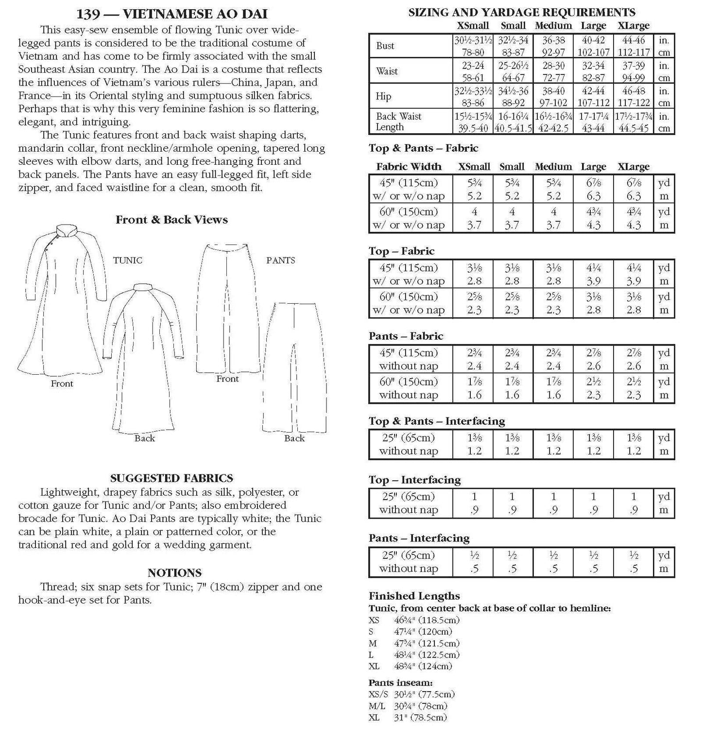139 Vietnamese Ao Dai - Sewing Pattern
