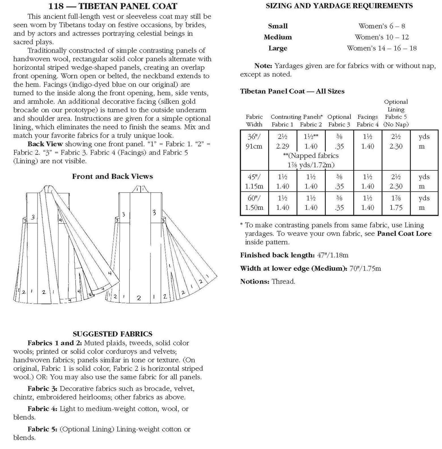 118 Tibetan Panel Coat Sewing Pattern