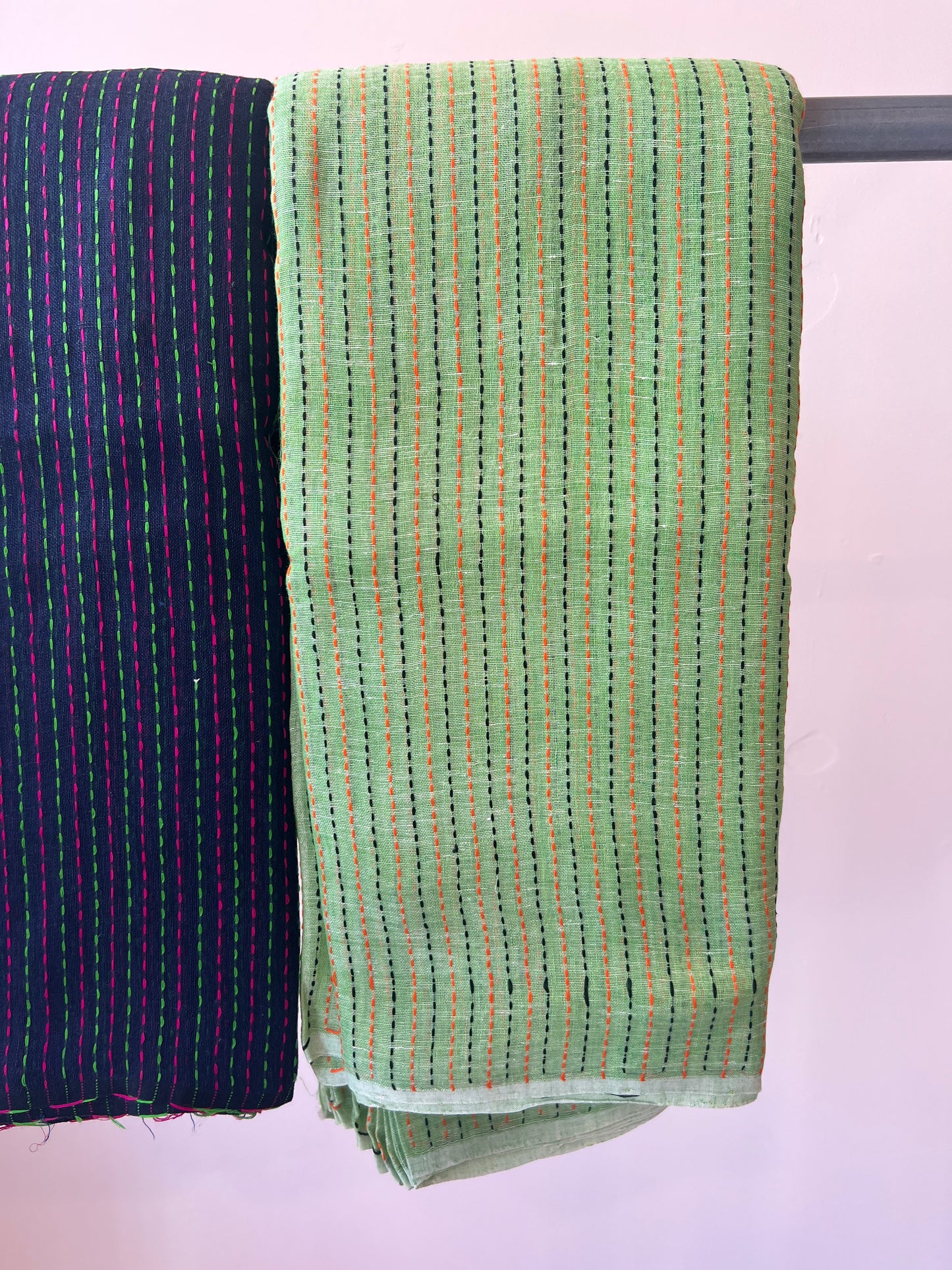 Mint Linen Kantha Stitch Fabric