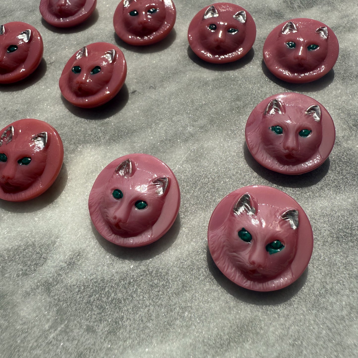 Vintage Czech Glass Buttons — Pink Cat Relief (23 mm)
