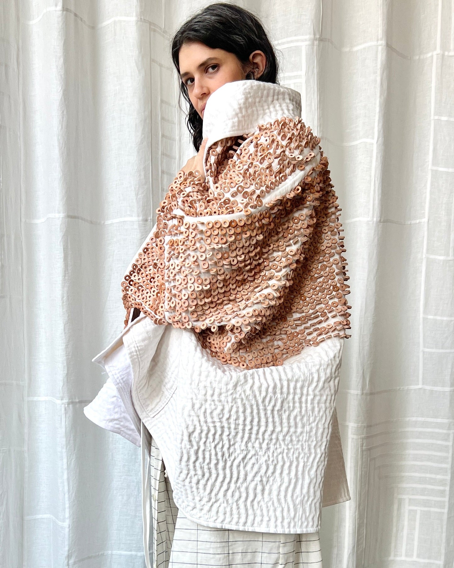 white linen and leather quilted jacket