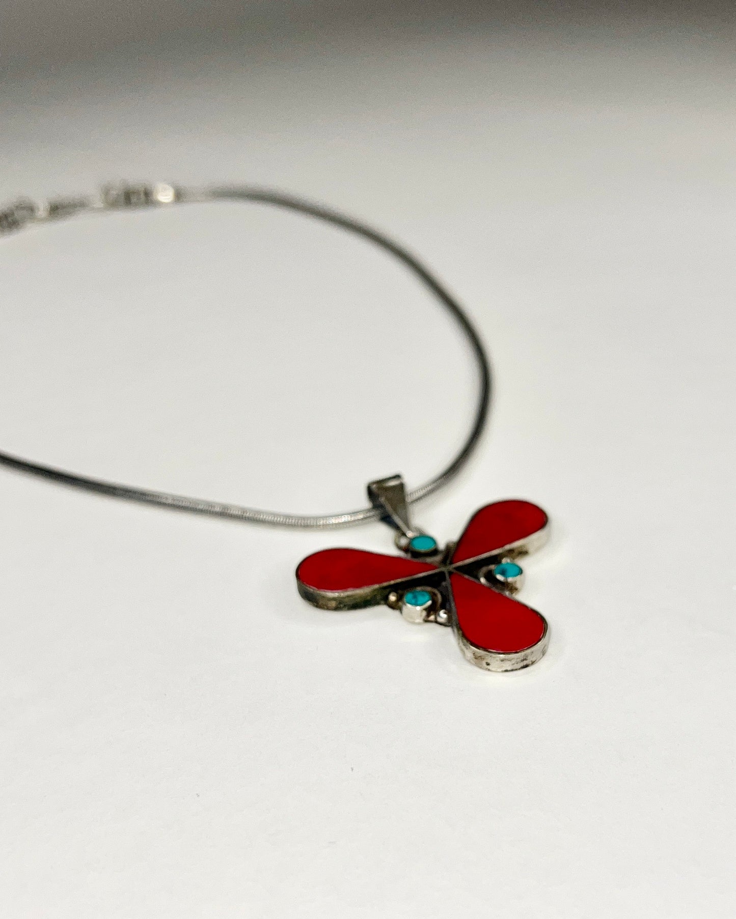 turquoise and red coral silver pendent necklace