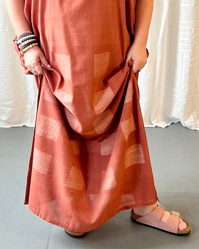 silk and cotton madder root caftan dress