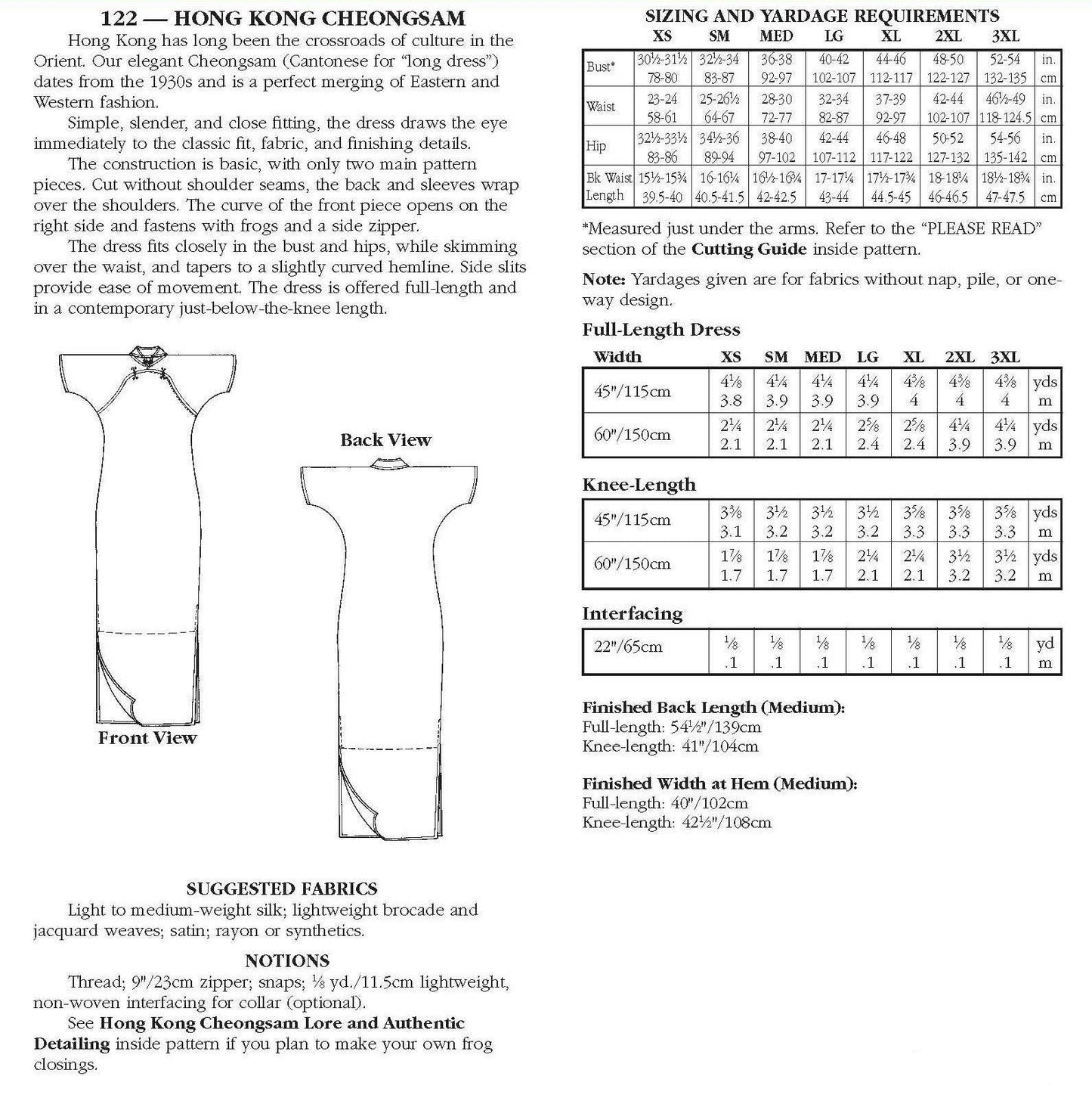 122 Hong Kong Cheongsam - Sewing Pattern