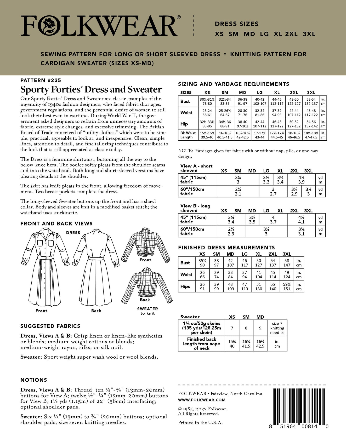 235 Sporty Forties' Dress - Sewing Pattern
