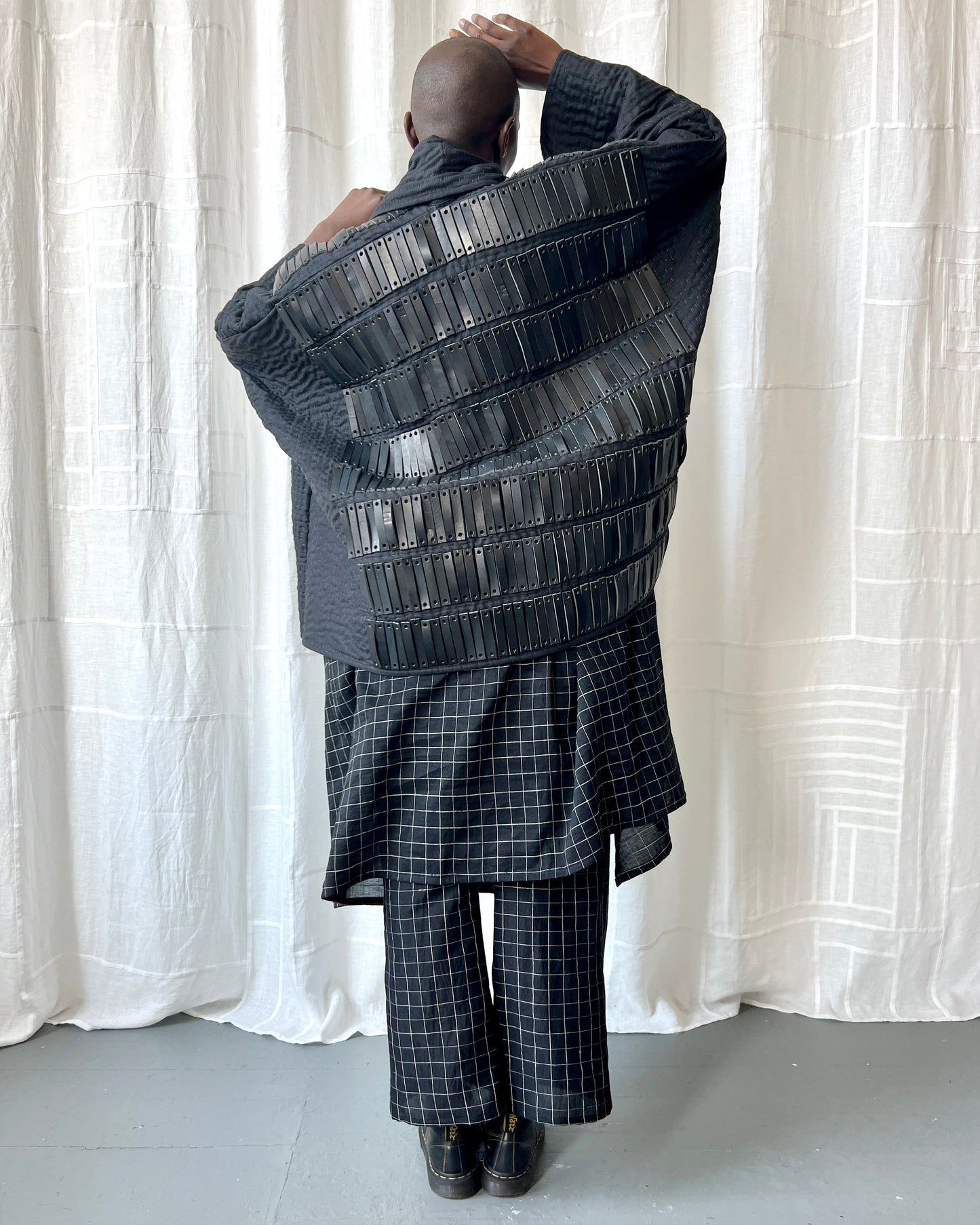 black quilted linen and leather jacket