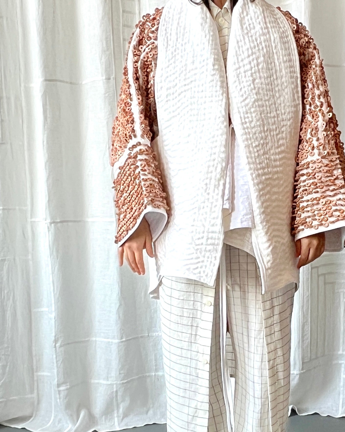 white linen and leather quilted jacket