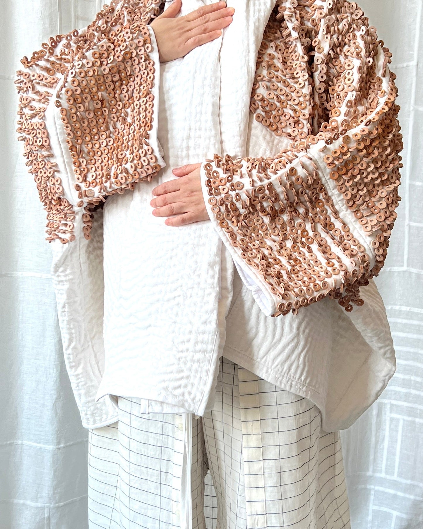white linen and leather quilted jacket