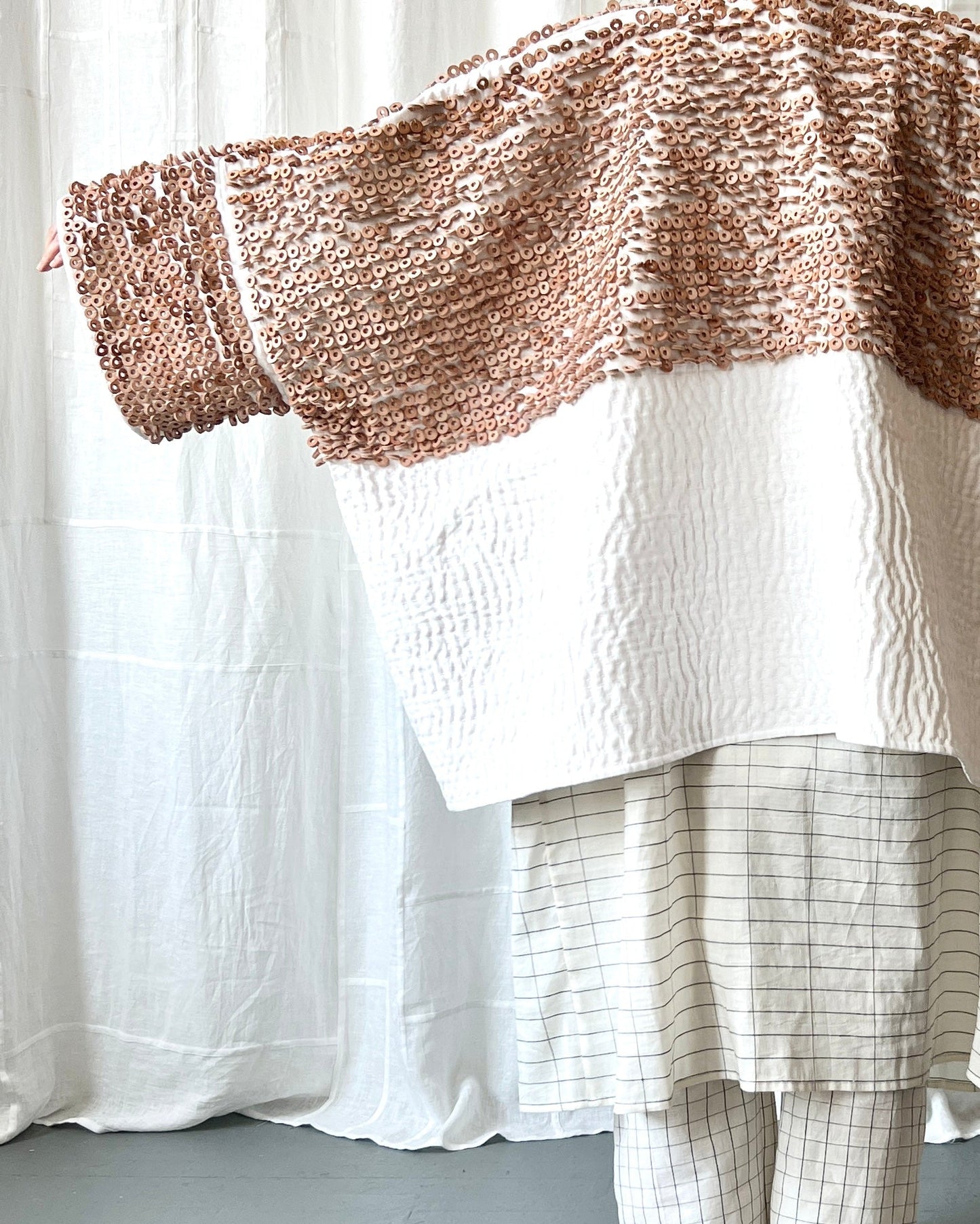 white linen and leather quilted jacket