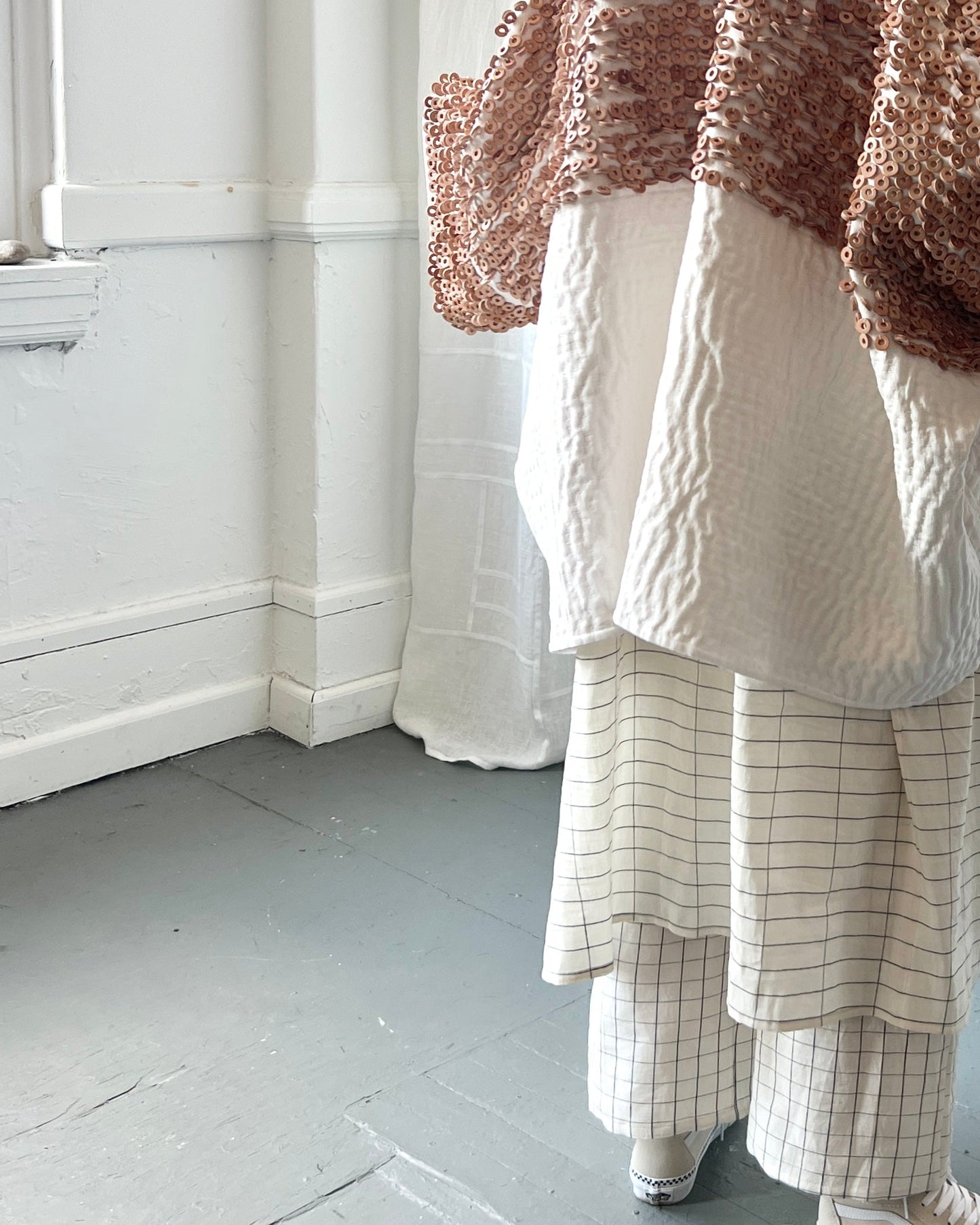 white linen and leather quilted jacket