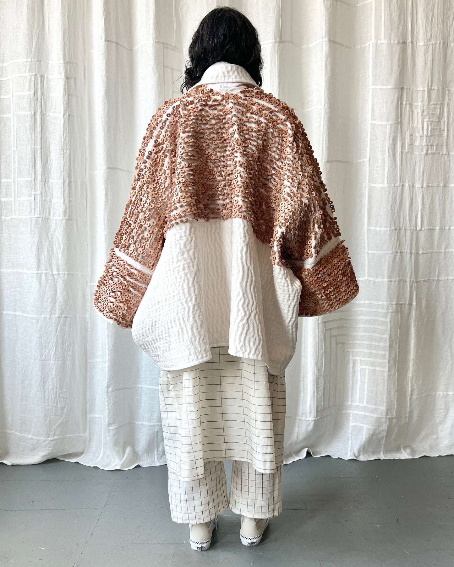 white linen and leather quilted jacket