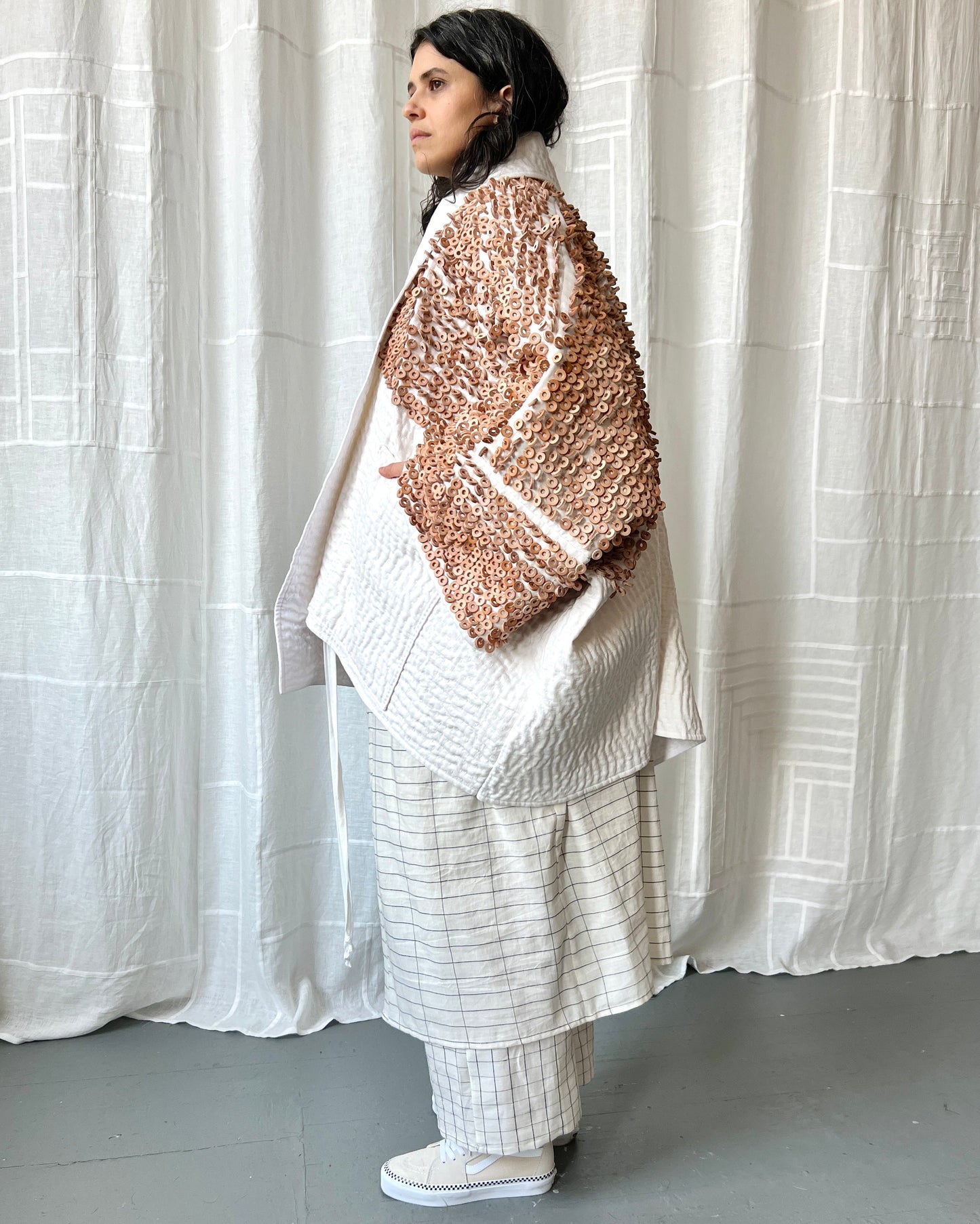 white linen and leather quilted jacket
