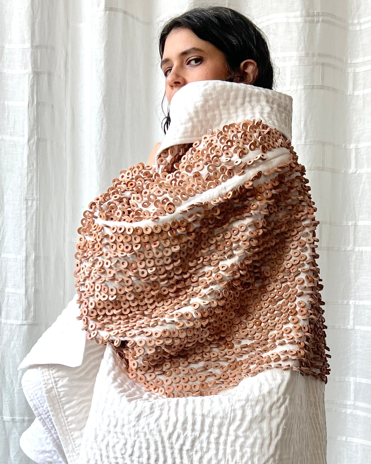 white linen and leather quilted jacket