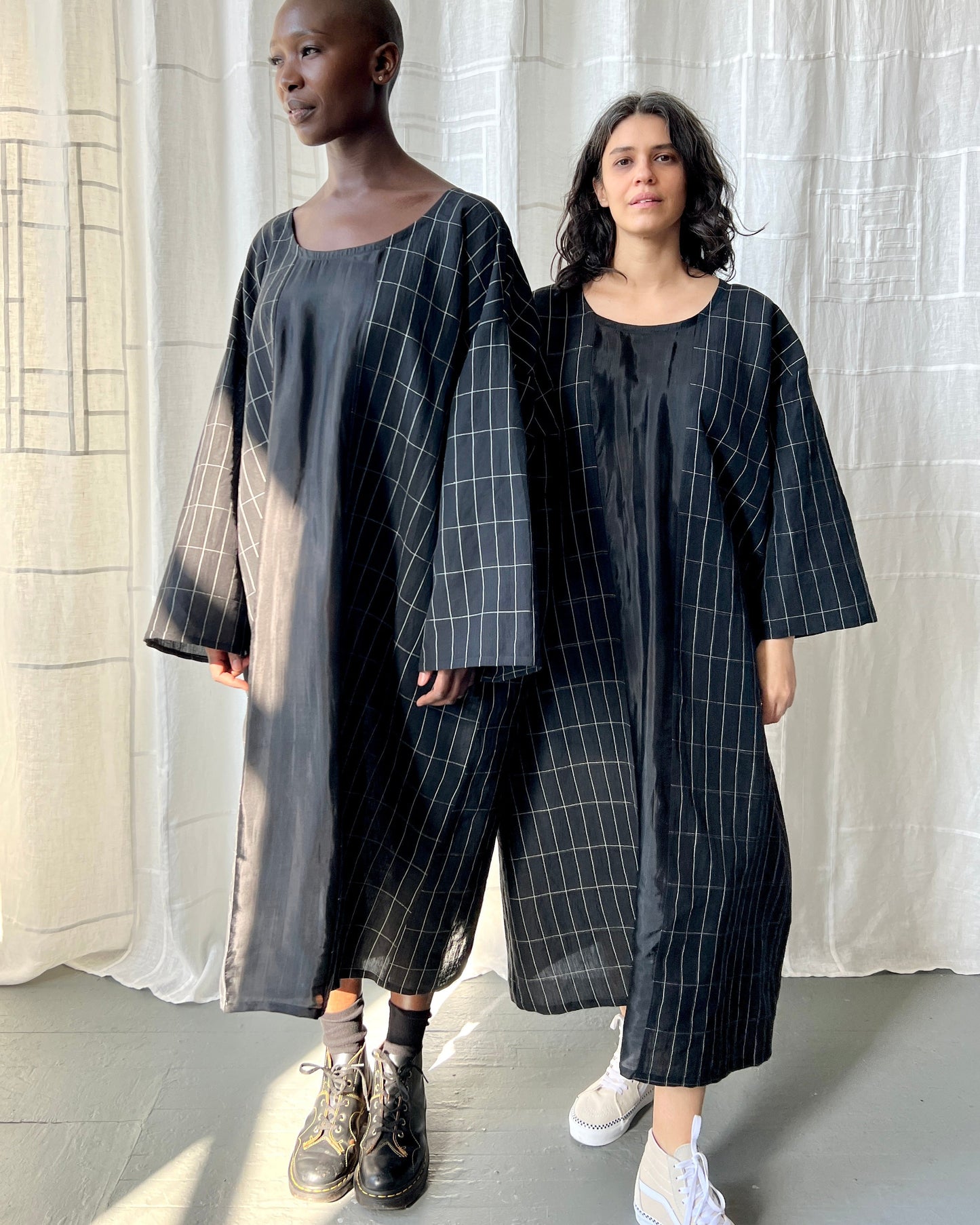 black grid linen and silk tunic