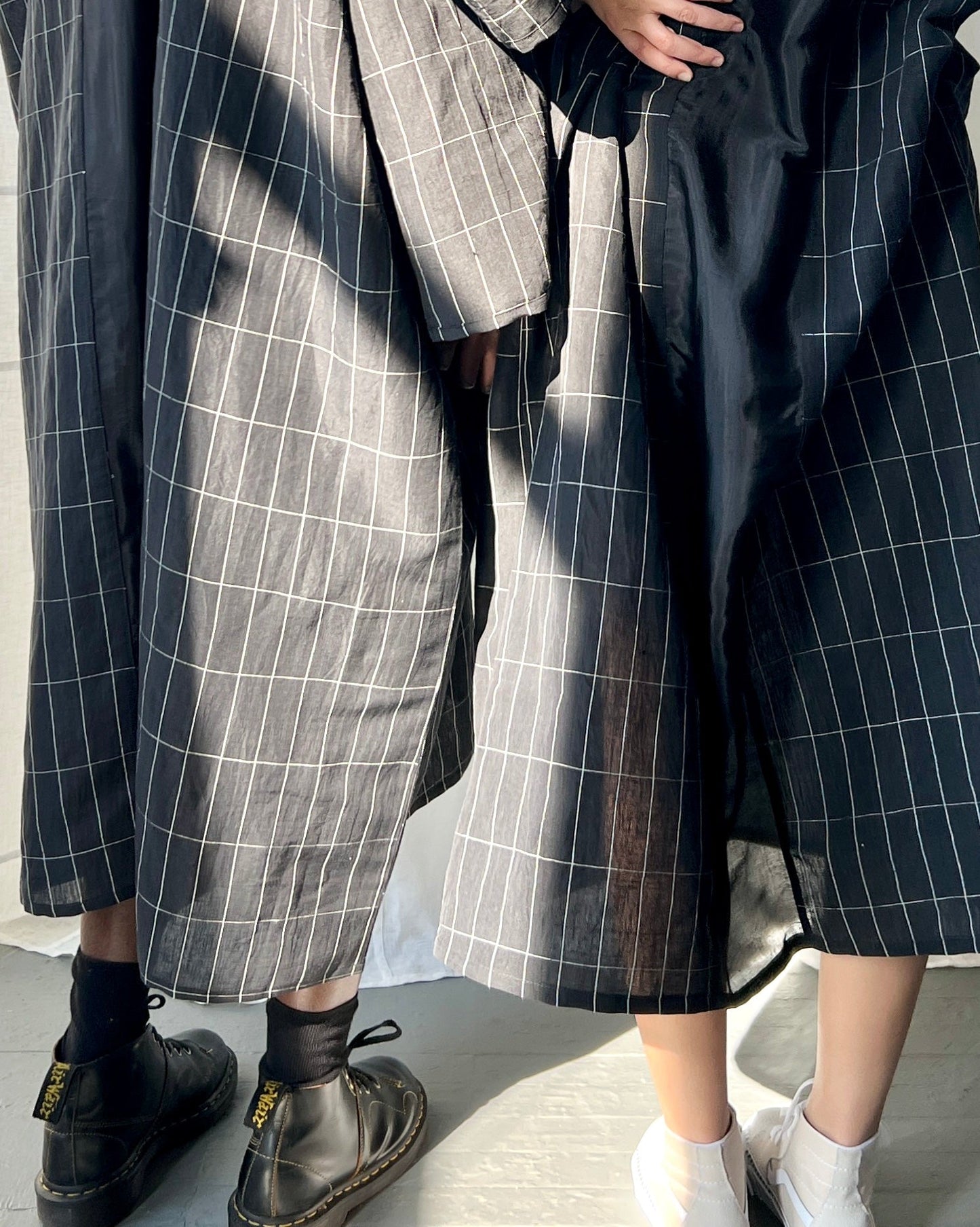 black grid linen and silk tunic