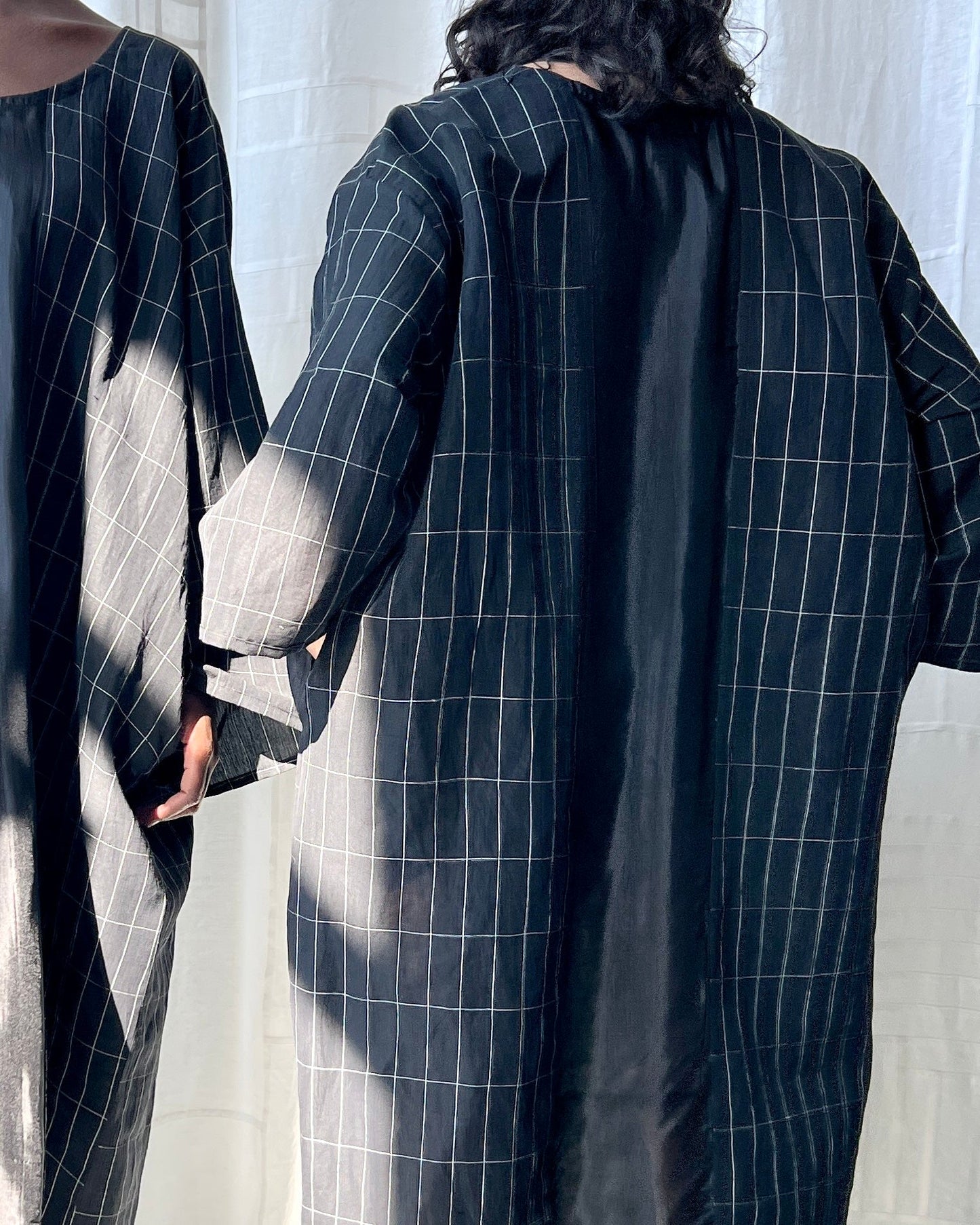 black grid linen and silk tunic