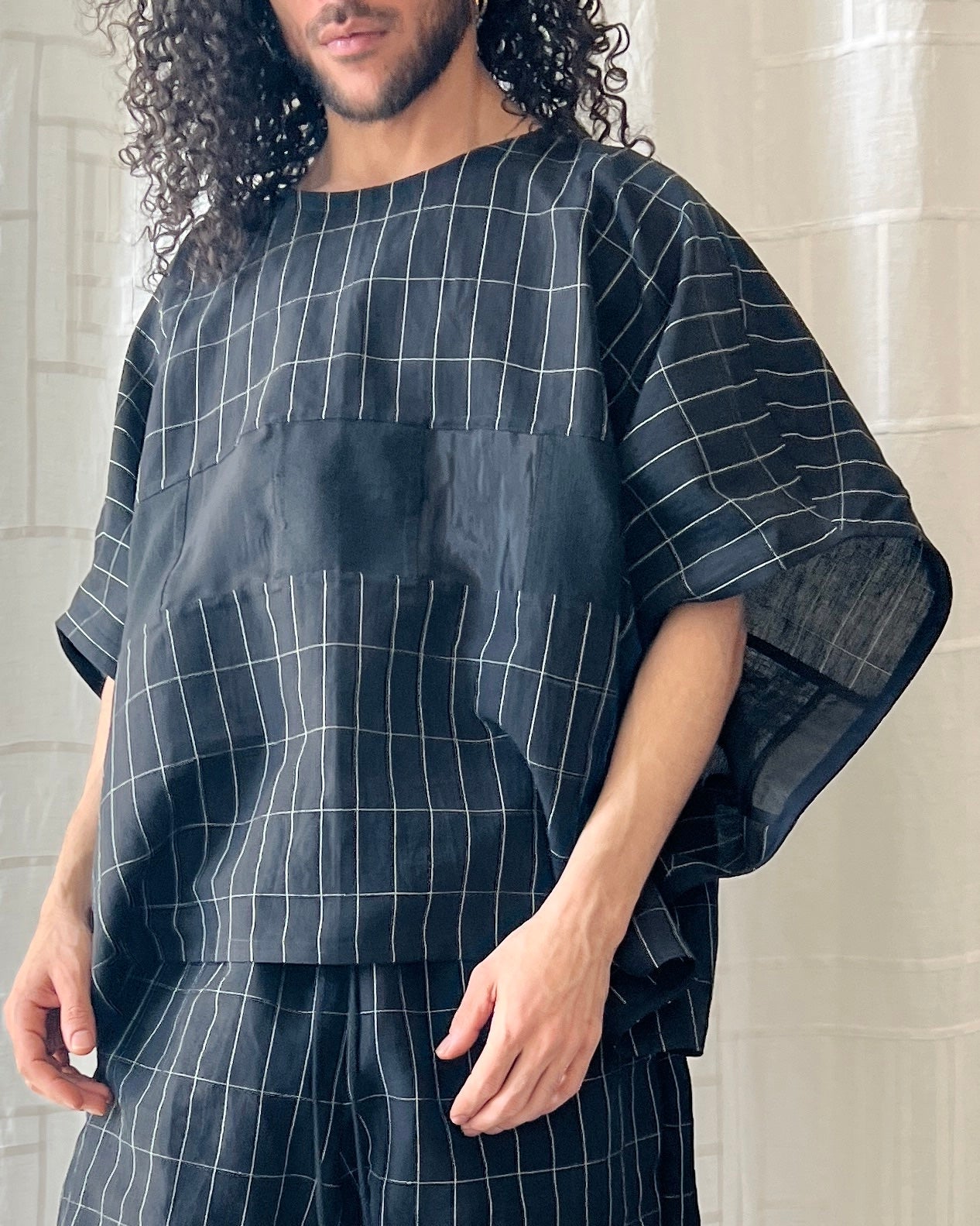 linen and silk grid muscle shirt
