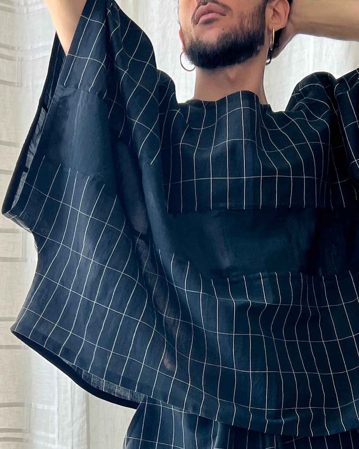 linen and silk grid muscle shirt