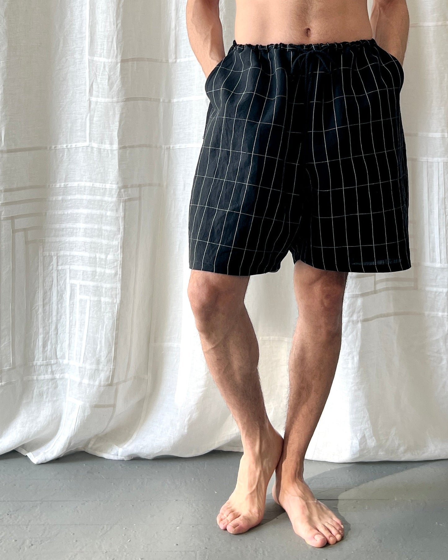 black grid linen shorts