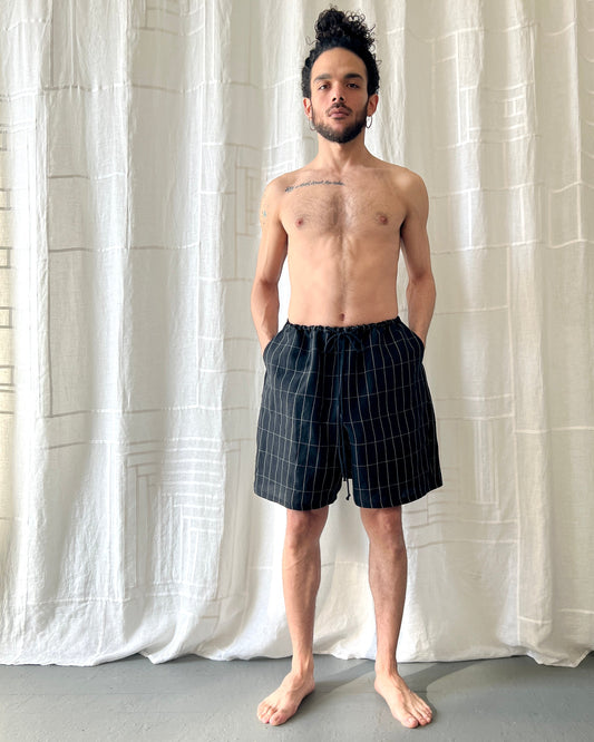 black grid linen shorts