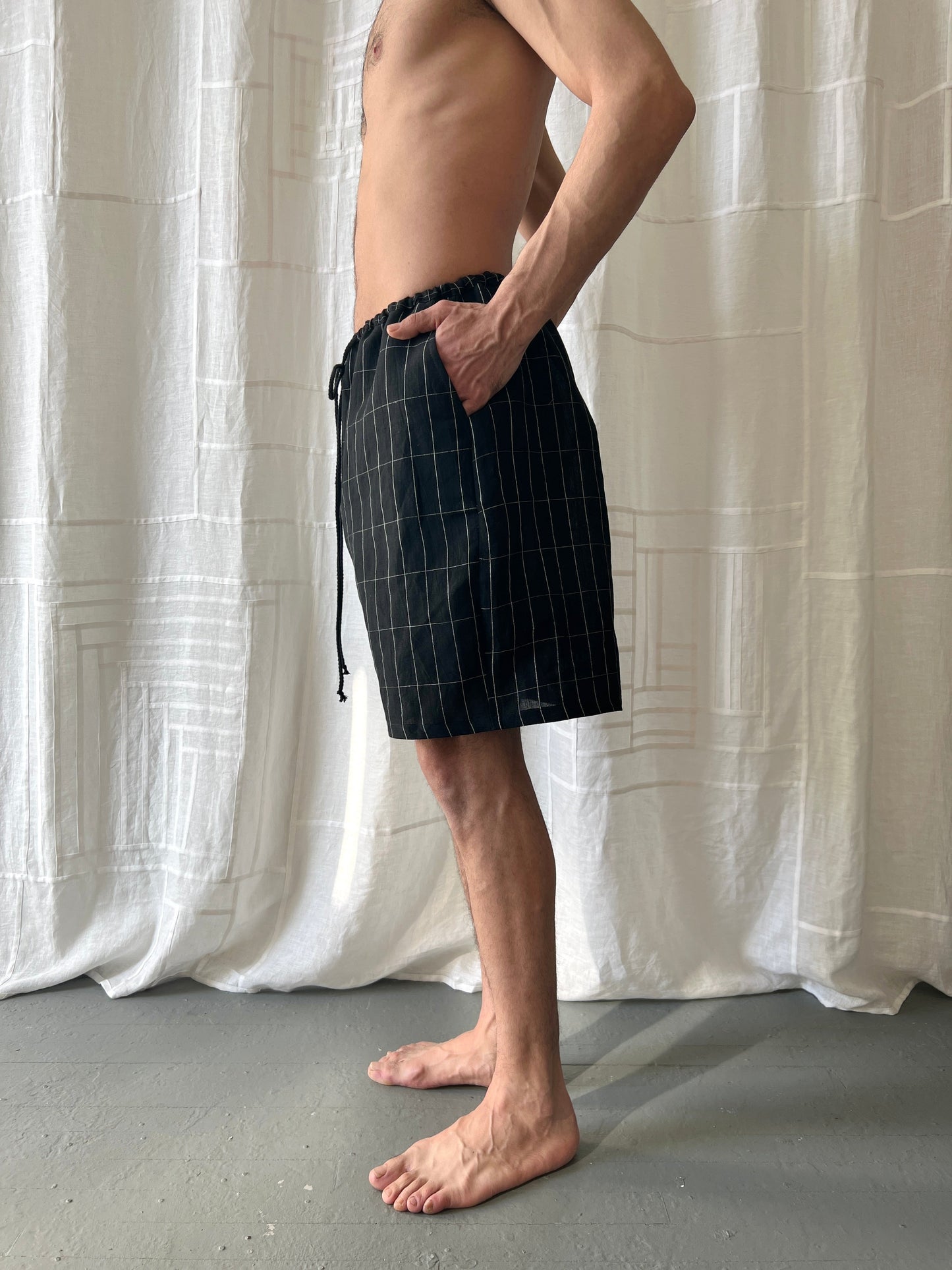 black grid linen shorts