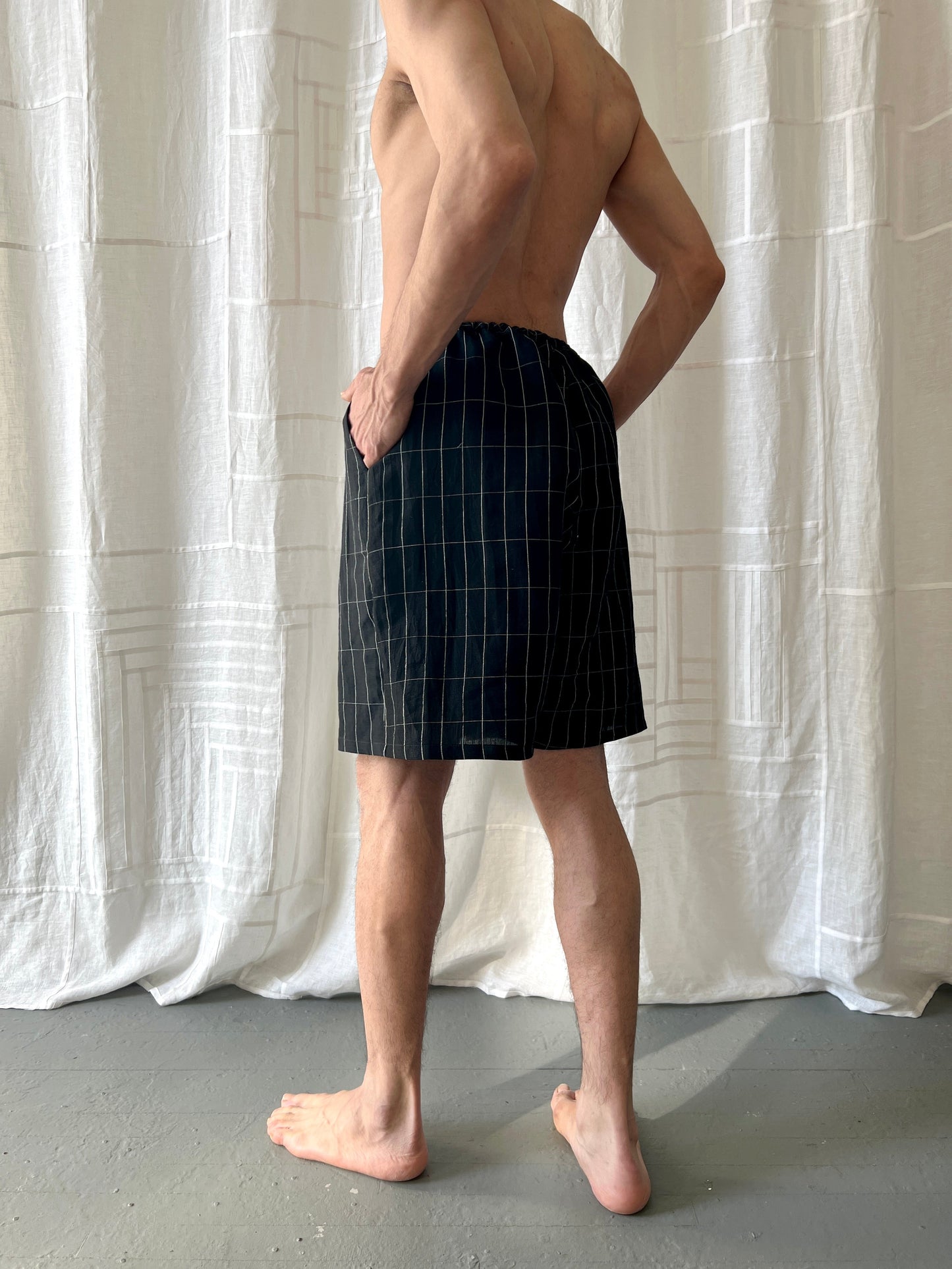 black grid linen shorts