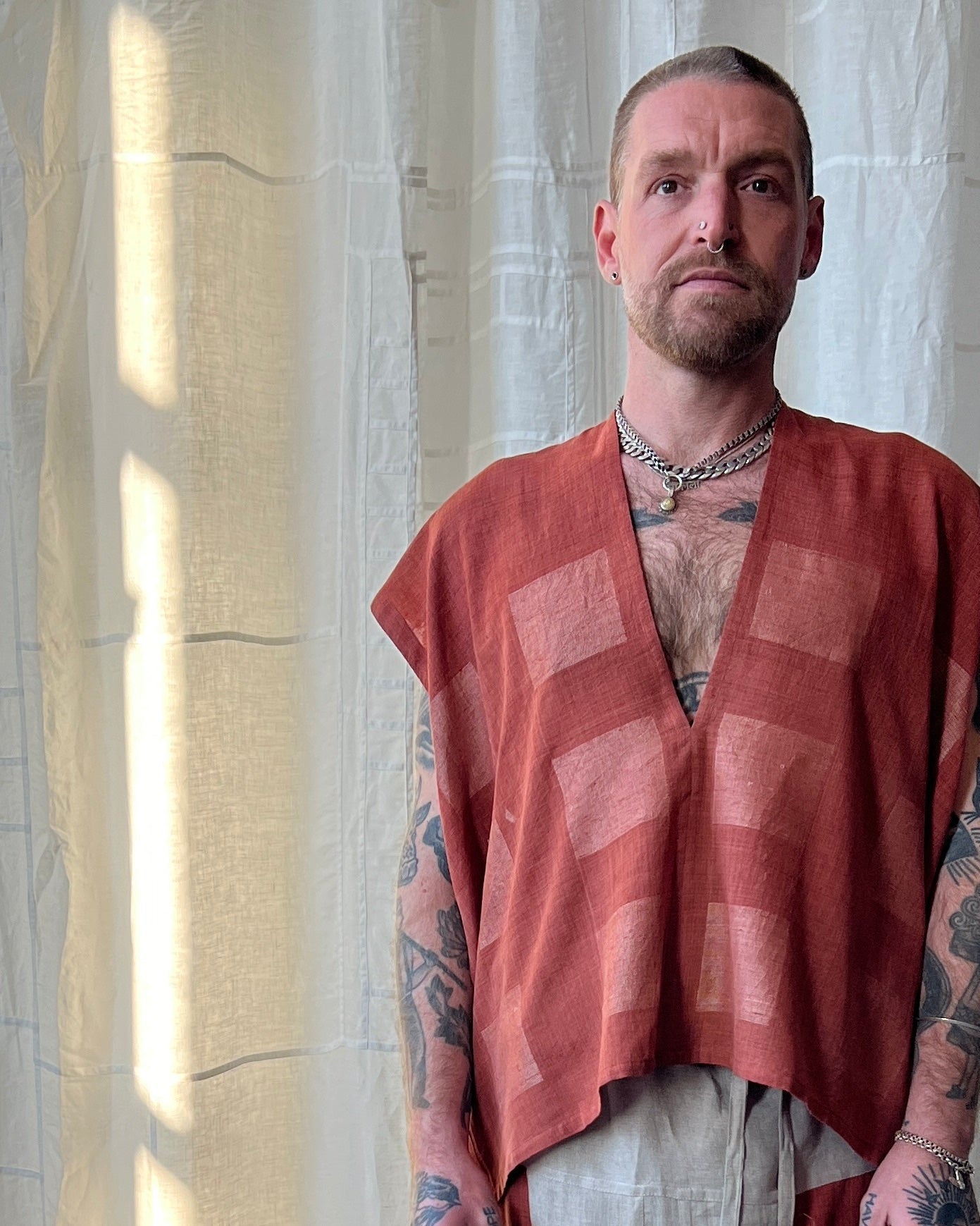 silk and cotton madder root vest