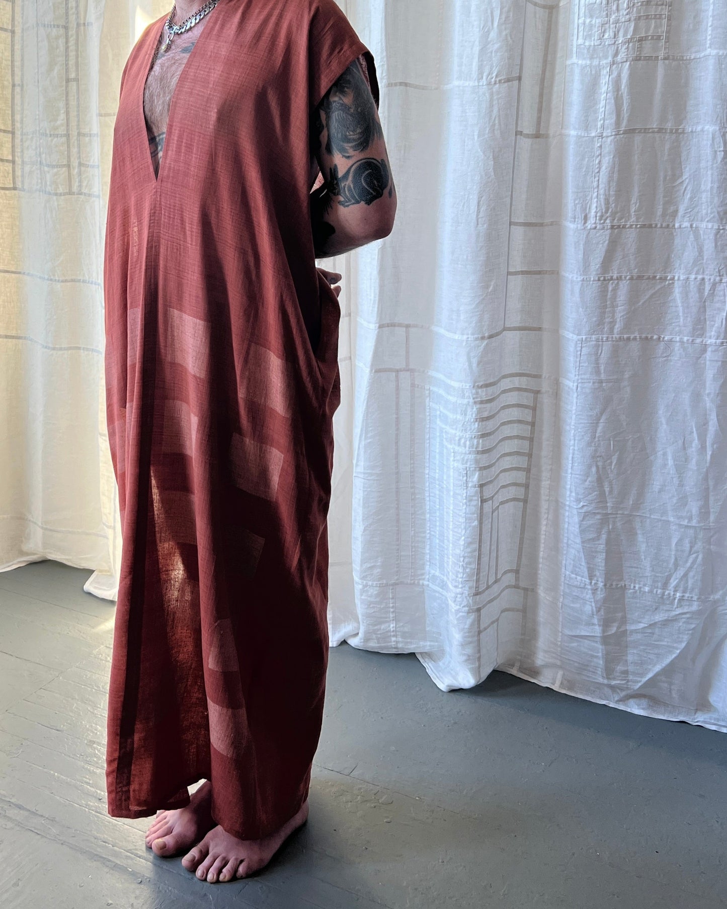 silk and cotton madder root caftan dress