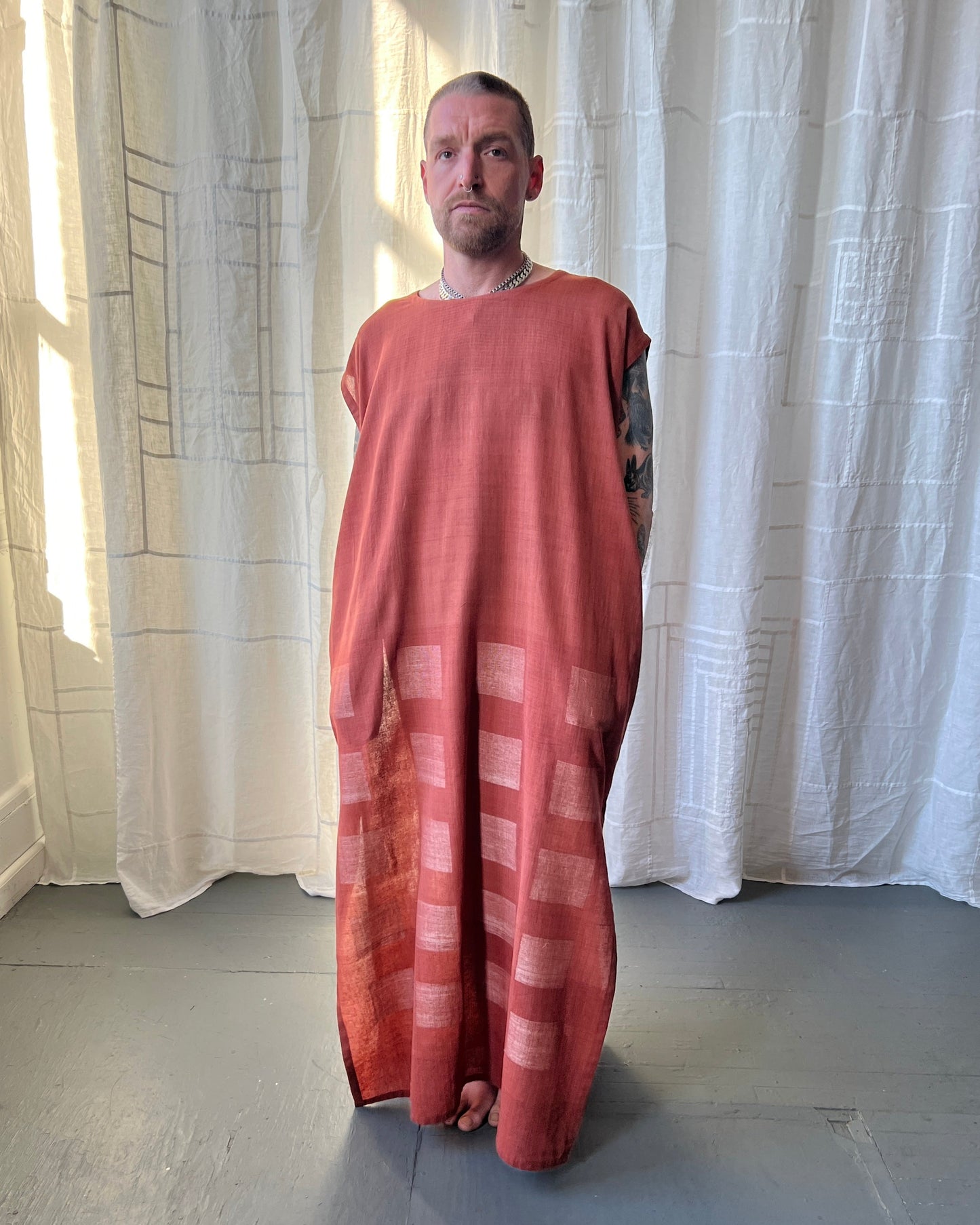 silk and cotton madder root caftan dress