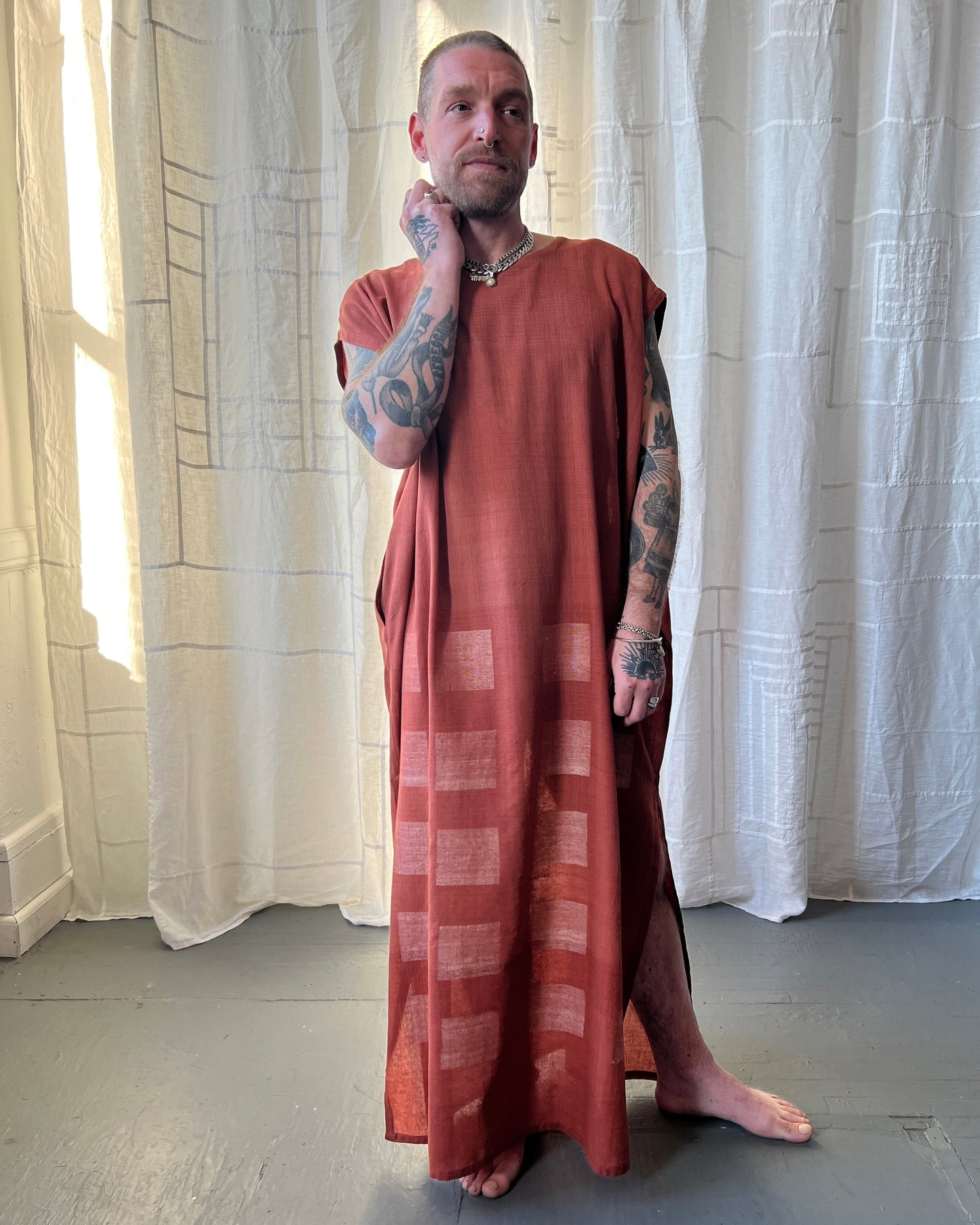 silk and cotton madder root caftan dress