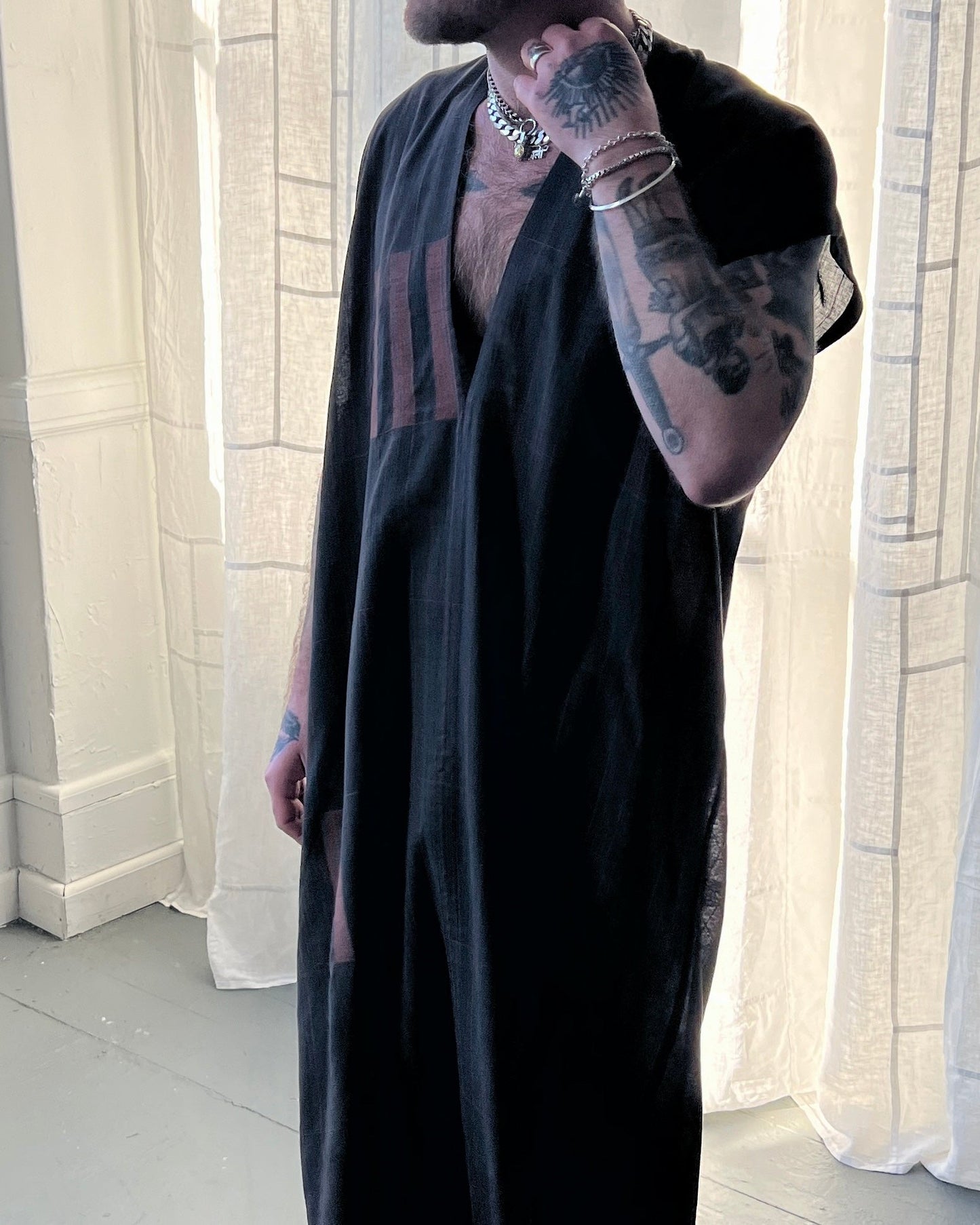 silk and cotton charcoal caftan dress