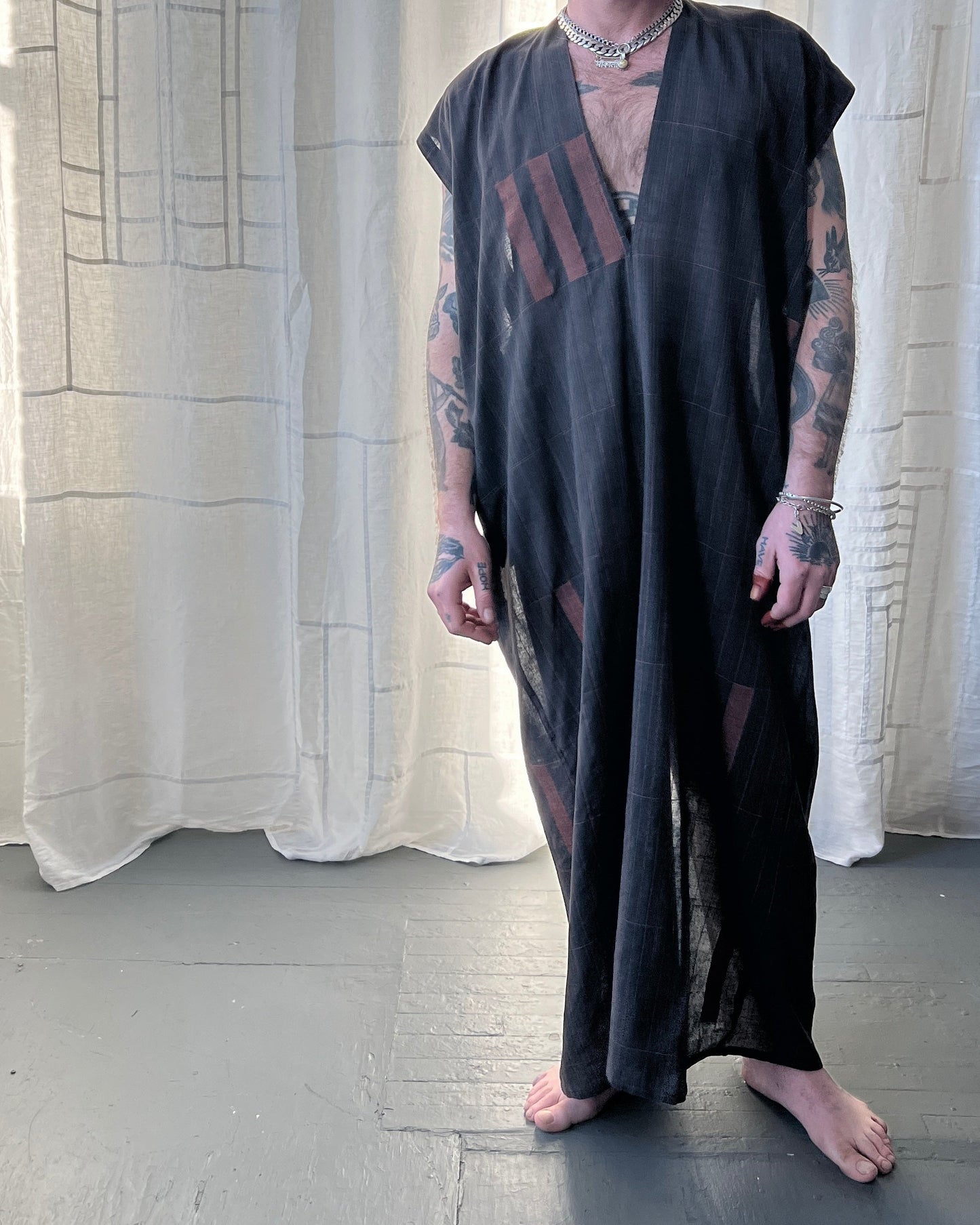 silk and cotton charcoal caftan dress