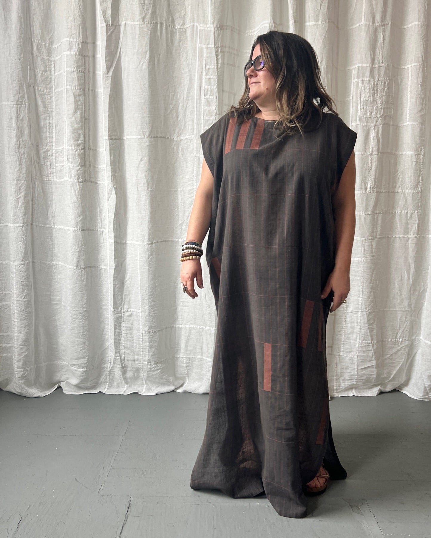 silk and cotton charcoal caftan dress