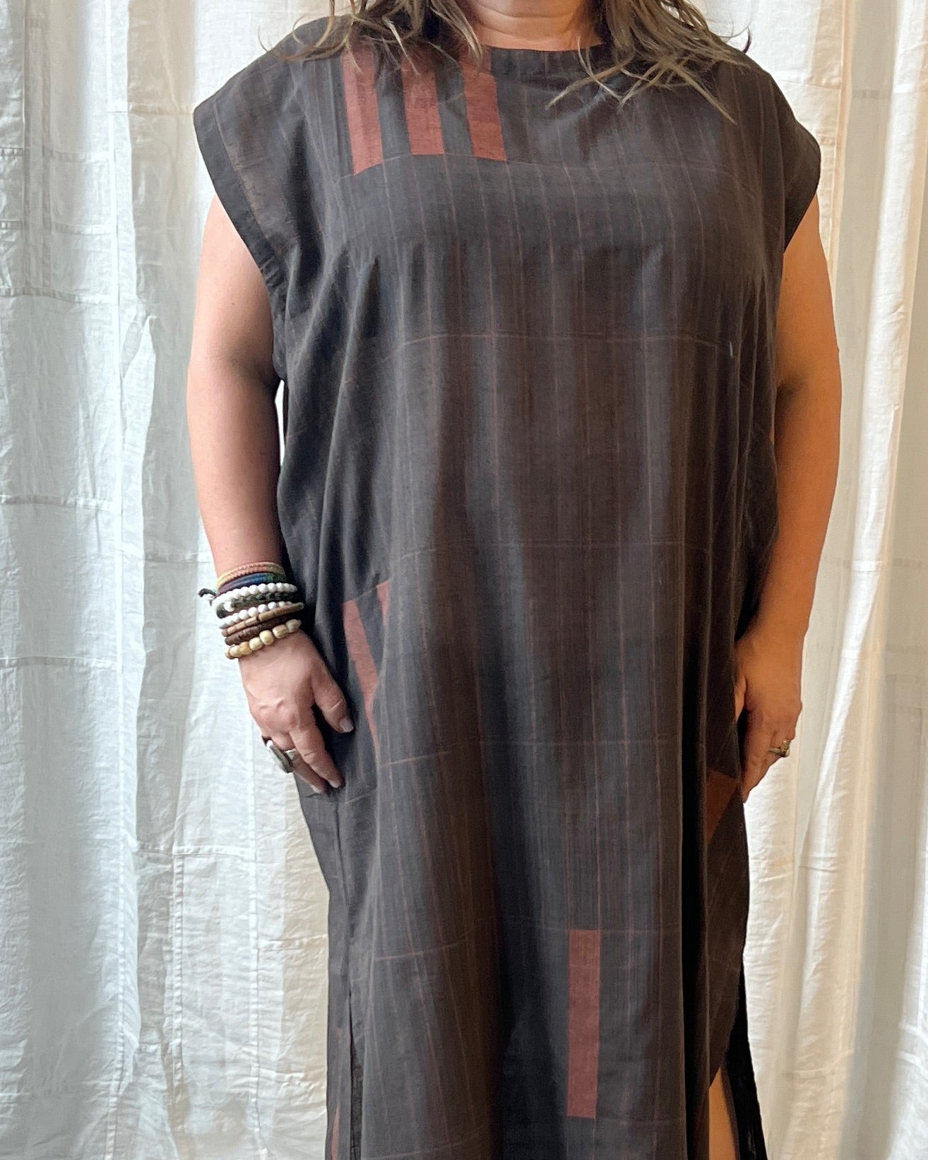 silk and cotton charcoal caftan dress