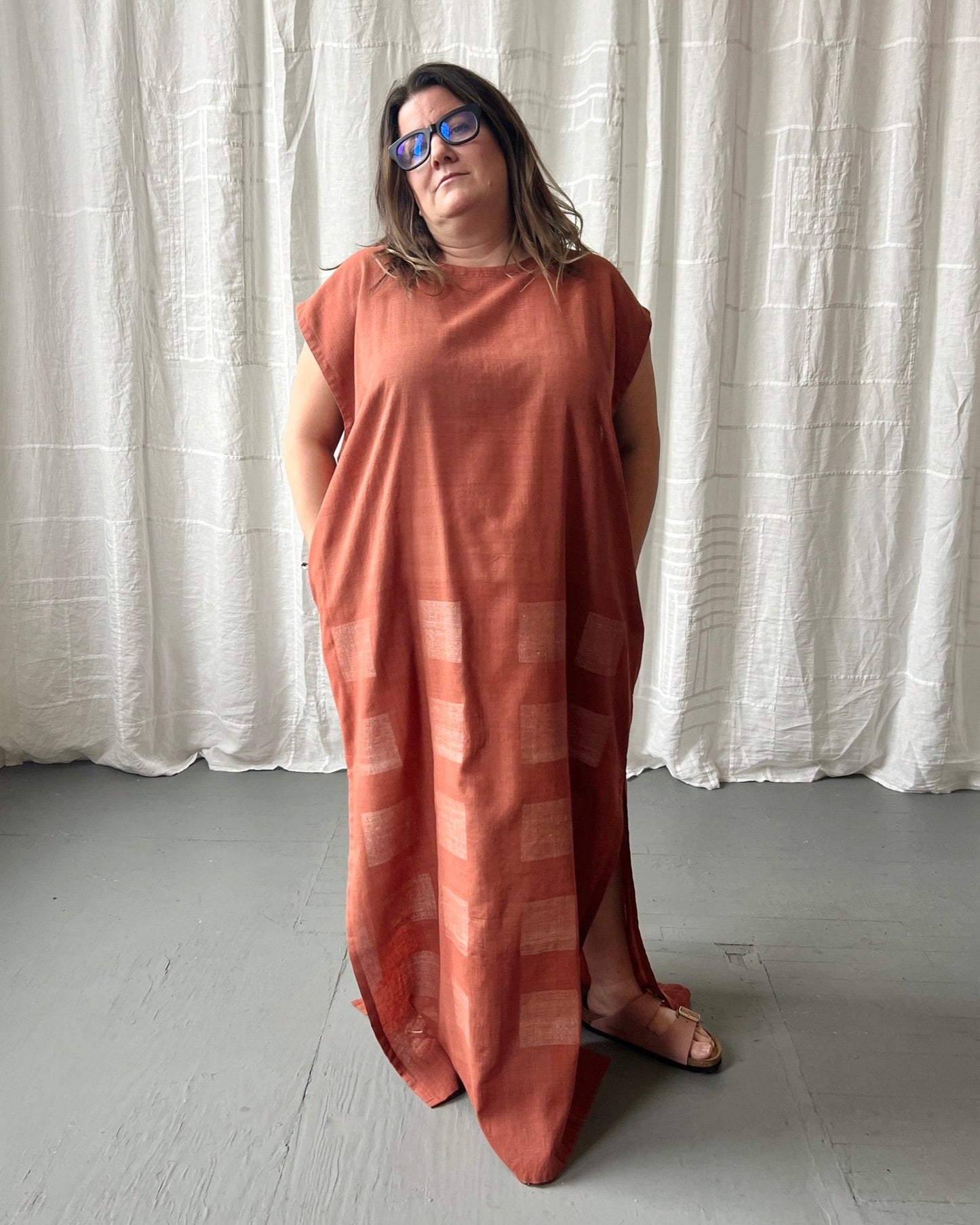 silk and cotton madder root caftan dress