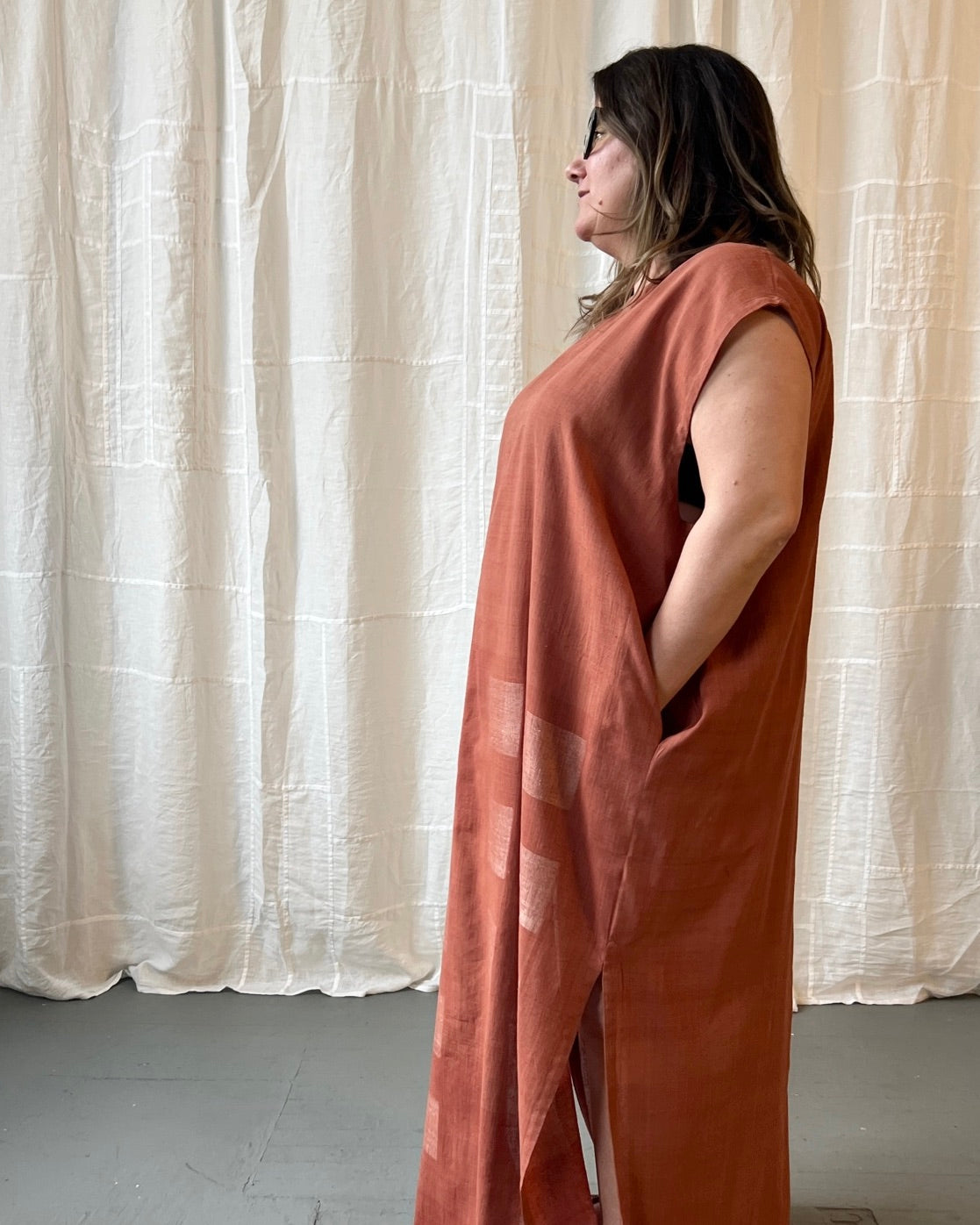 silk and cotton madder root caftan dress