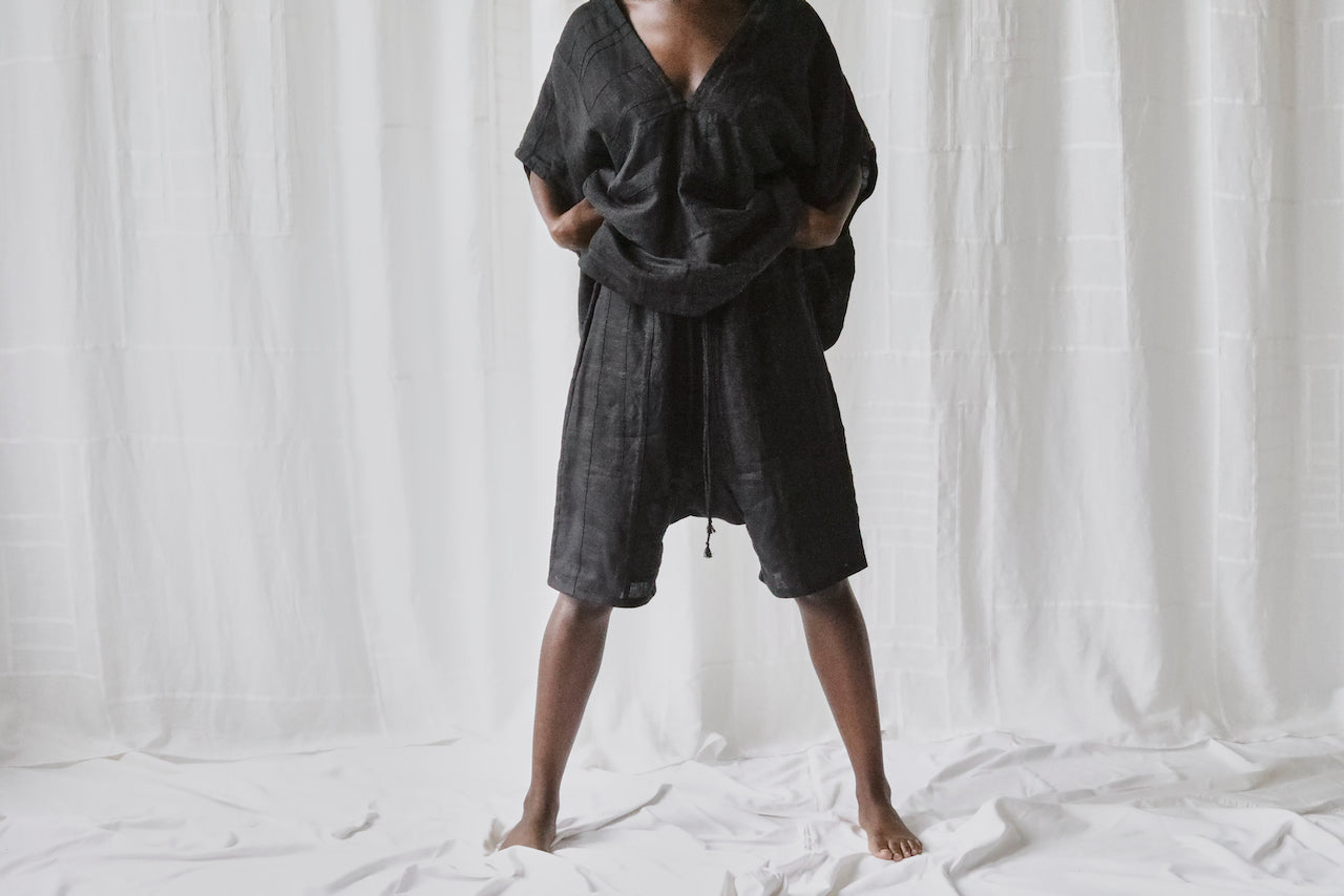 black linen long drop crotch shorts