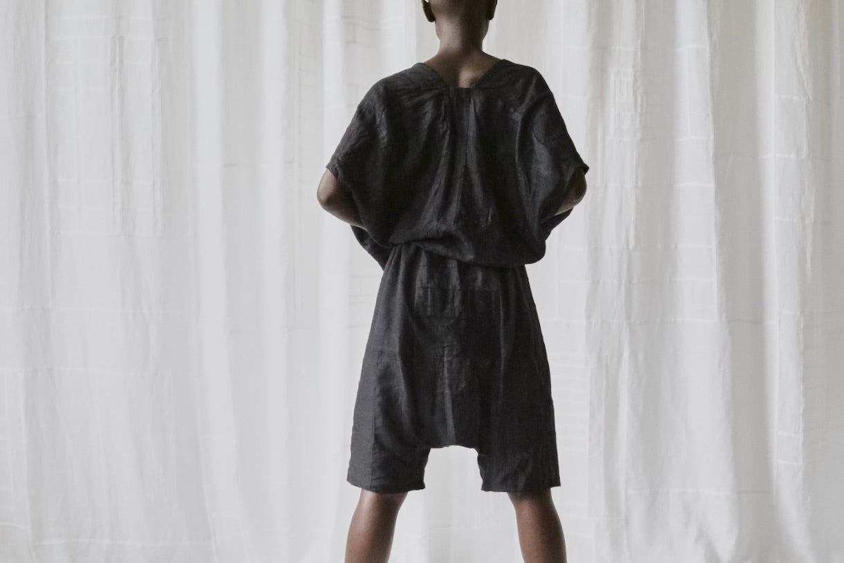 black linen long drop crotch shorts