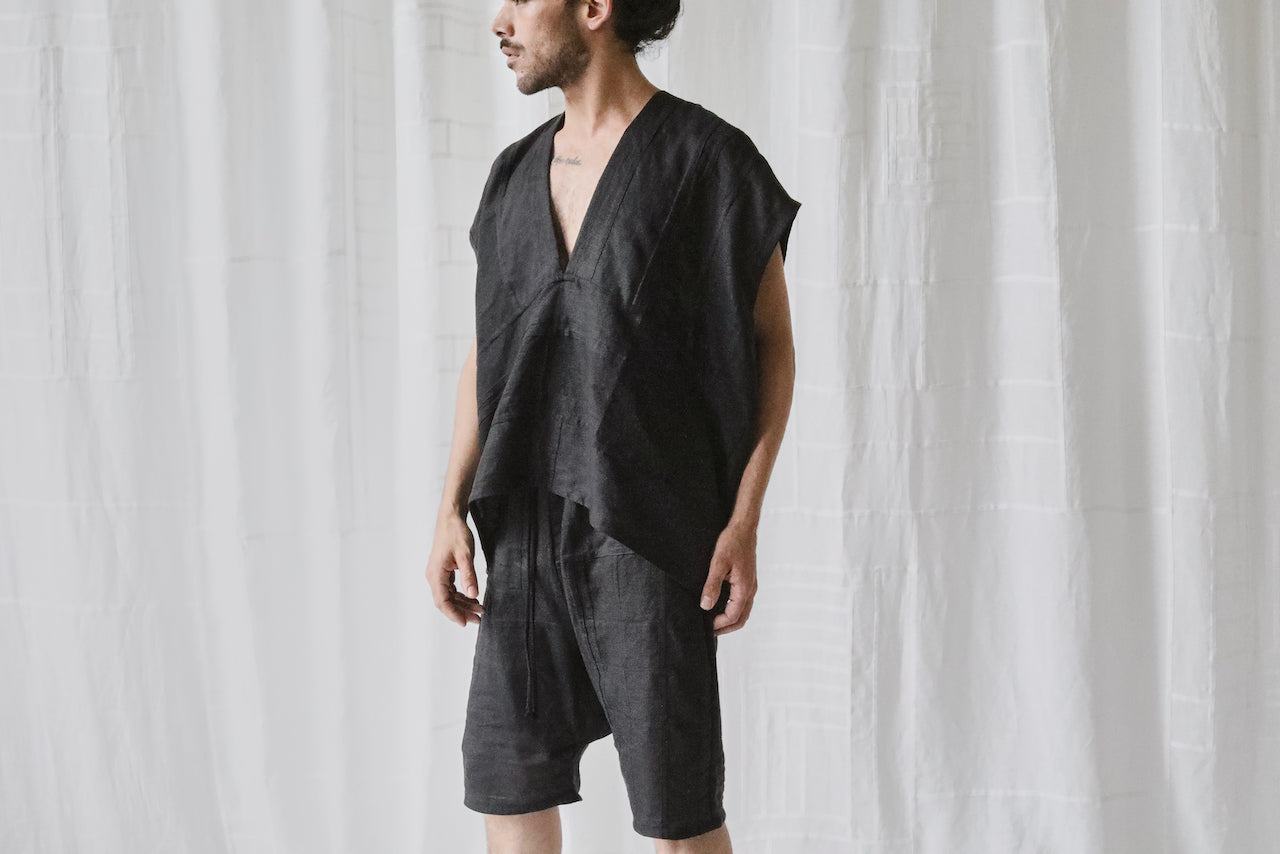 black linen long drop crotch shorts