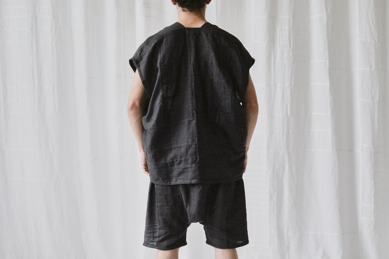 black linen long drop crotch shorts