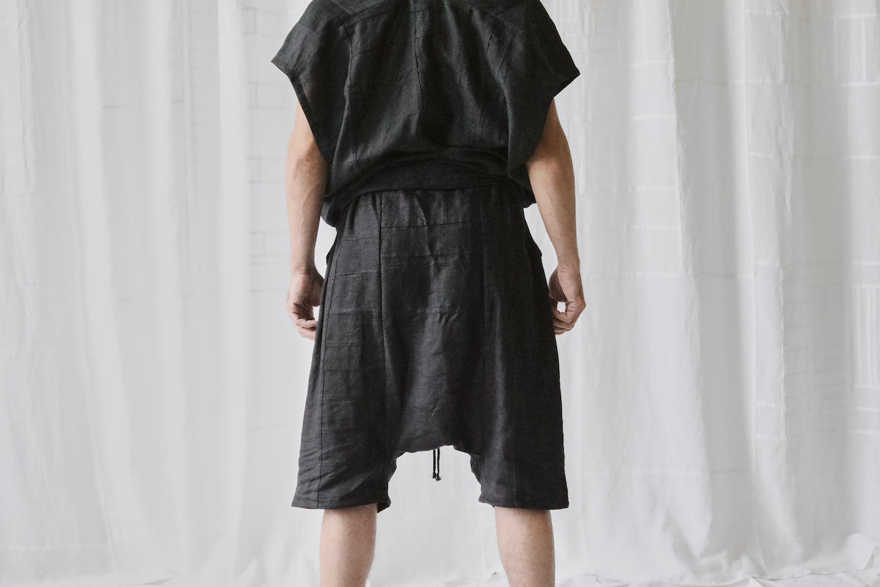 black linen long drop crotch shorts