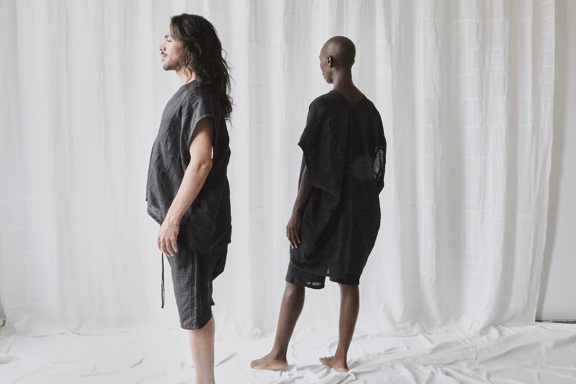 black linen long drop crotch shorts