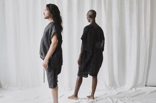 black linen long drop crotch shorts