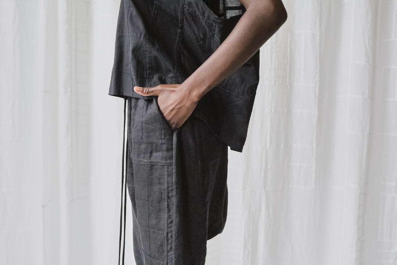 black linen long drop crotch shorts