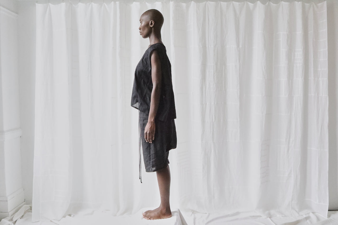 black linen long drop crotch shorts