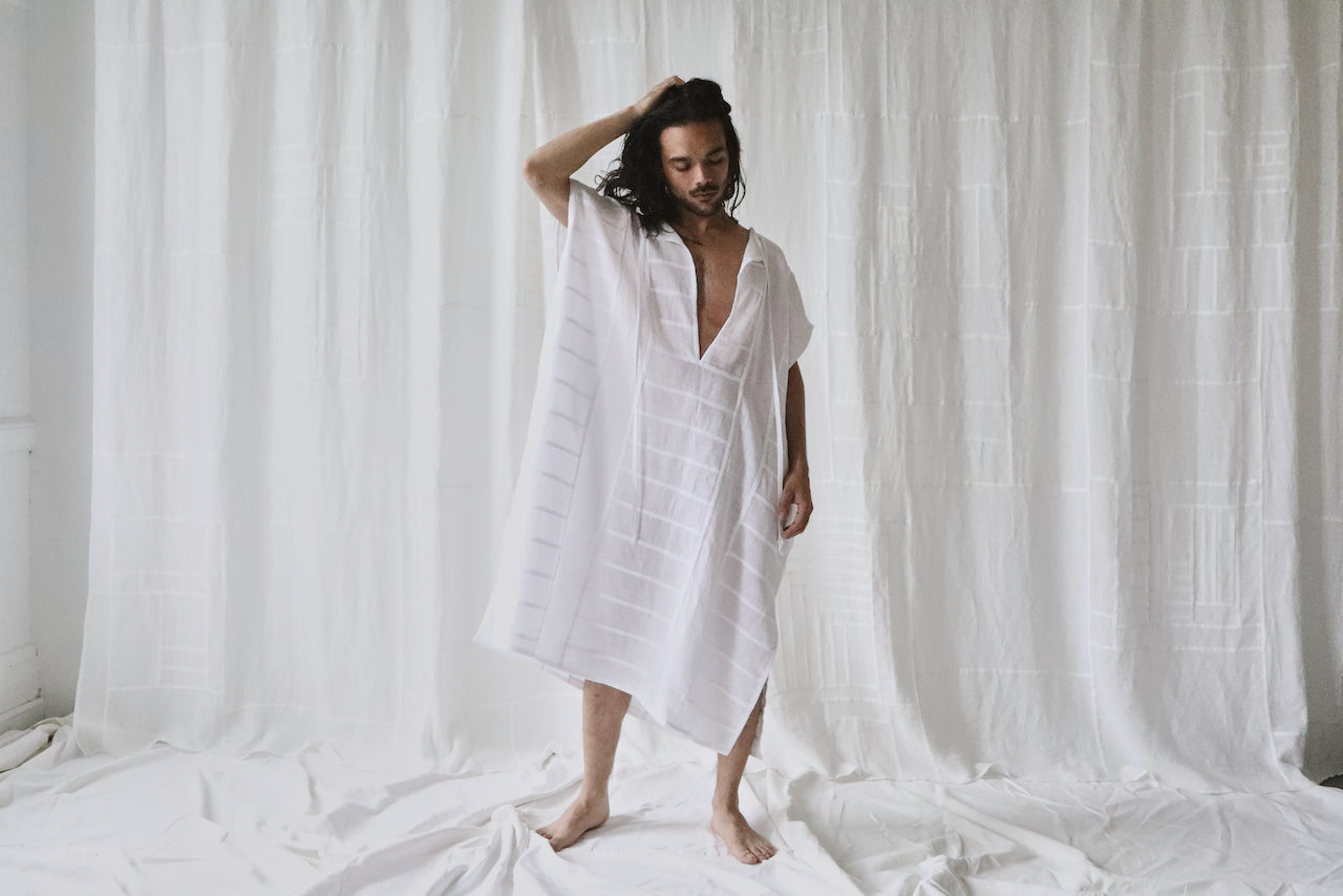 linen tie-neck caftan dress