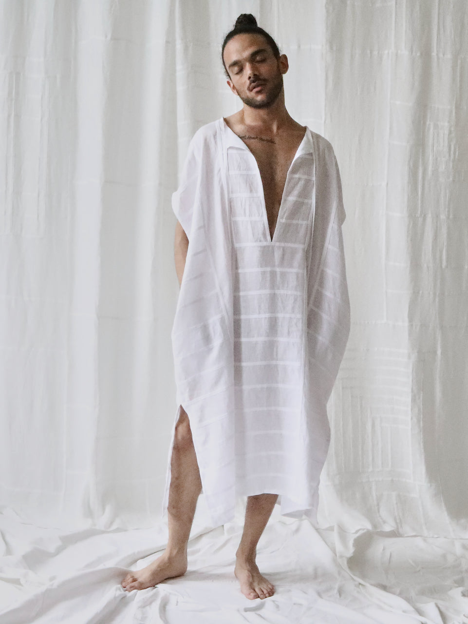 linen tie-neck caftan dress