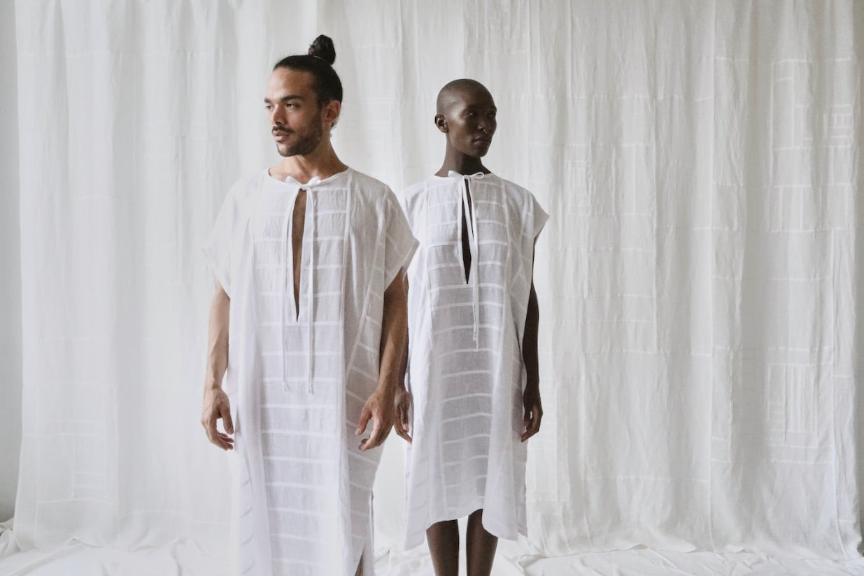 linen tie-neck caftan dress